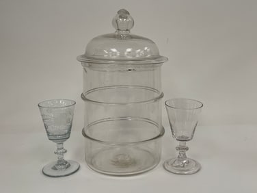 GLASS LOT: a.        clear blown glass container with the original cover, circa 1800 to 1830s, or