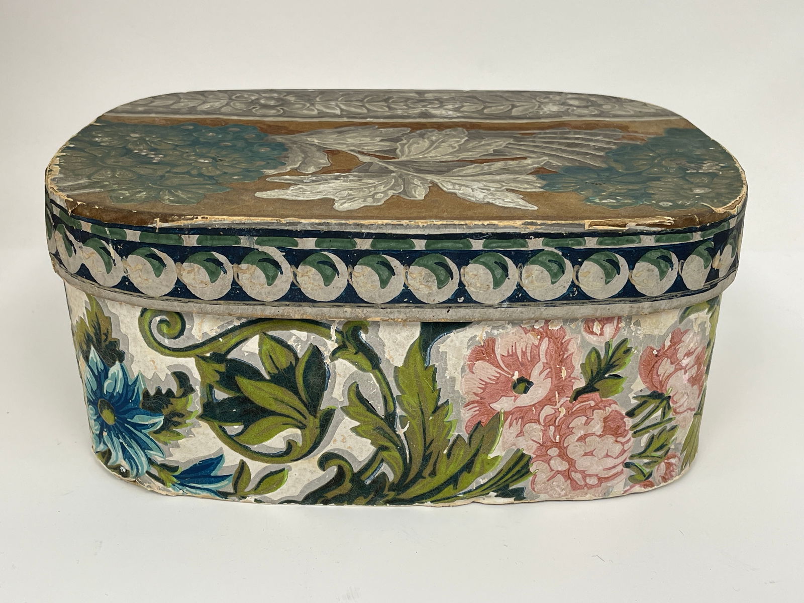 19th C WALLPAPER BAND BOX. American, Rectangular with rounded corners, floral flocked paper with (1 of 4)