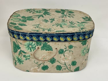 19th C Elizabeth Rogers box covered in green floral and foliage wallpaper 6 1/2" x 12" w x 9 1/2"