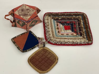 TEXTILE LOT: a.      mini box made from textiles b.        19th C mini potholder (child) brown