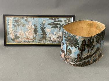 WALLPAPER LOT OF TWO a.  WALLPAPER large oval bottom only C1830-40 box depicts block printed