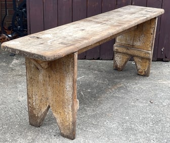 EARLY PRIMITIVE MORTISED PAINTED BENCH