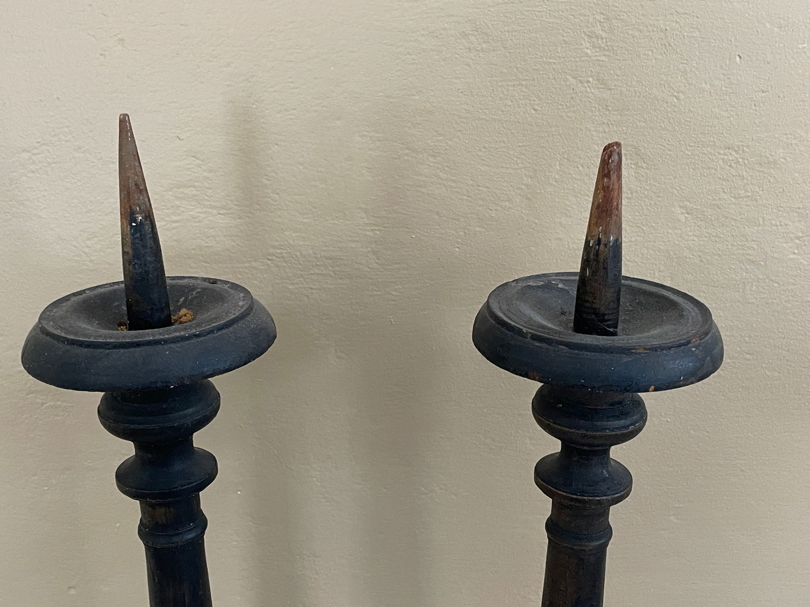 TWO WOODEN PRICKETS - 2