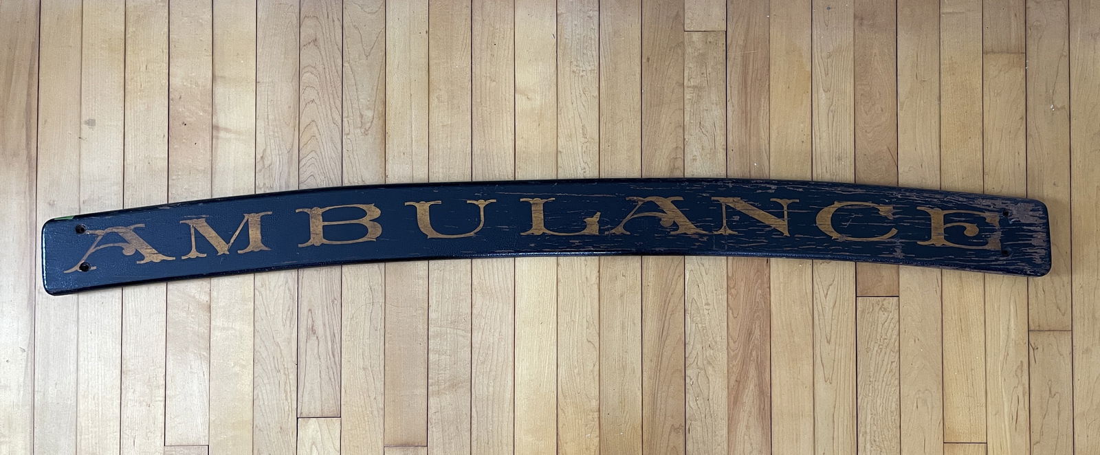 EARLY WOODEN AMBULANCE SIGN: EARLY WOODEN WAGON AMBULANCE SIGN 52" X 4"