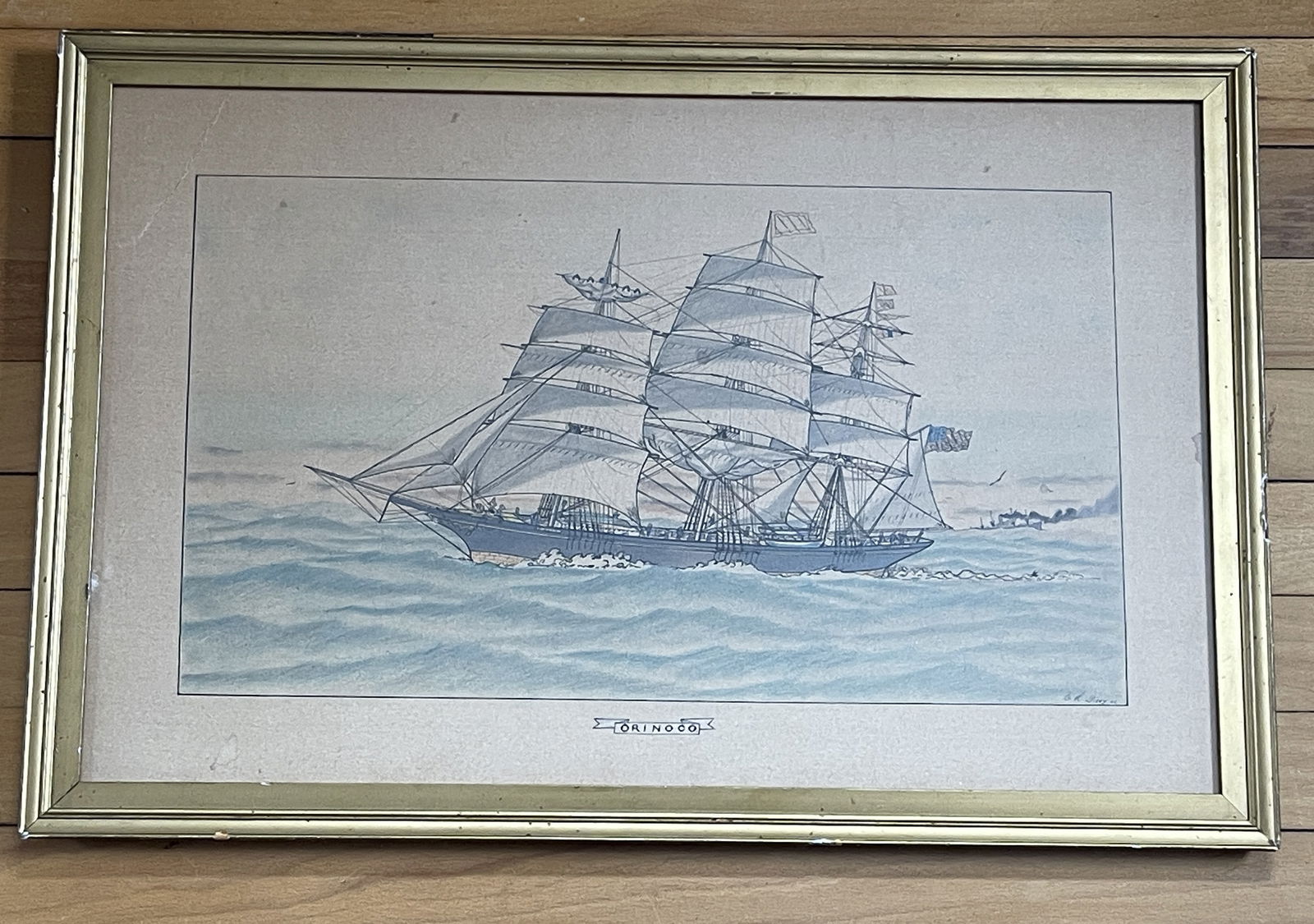FRAMED SCHOONER DRAWING SIGNED LR: FRAMED SCHOONER DRAWING SIGNED LR 33" X 26"