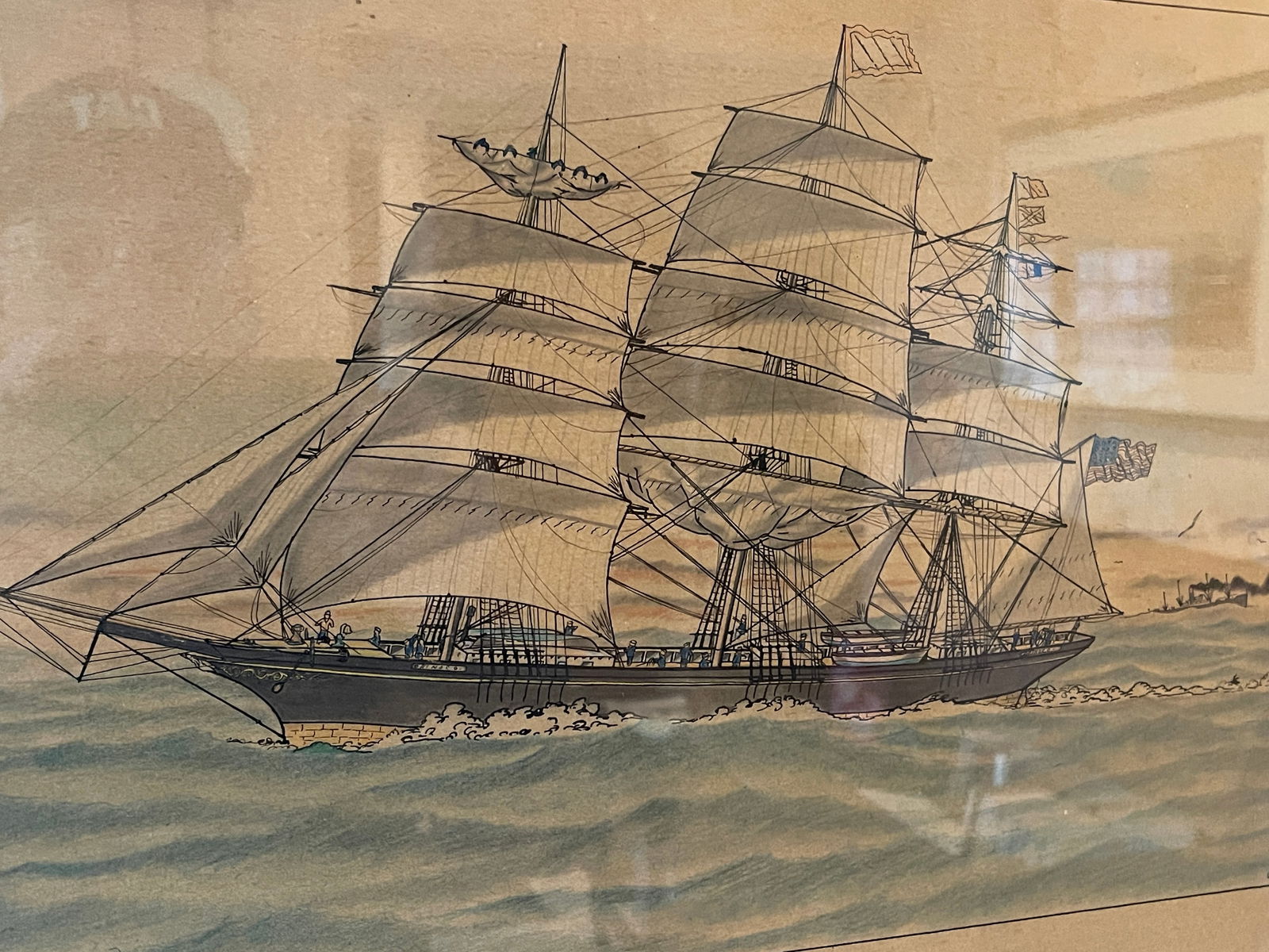 FRAMED SCHOONER DRAWING SIGNED LR - 3