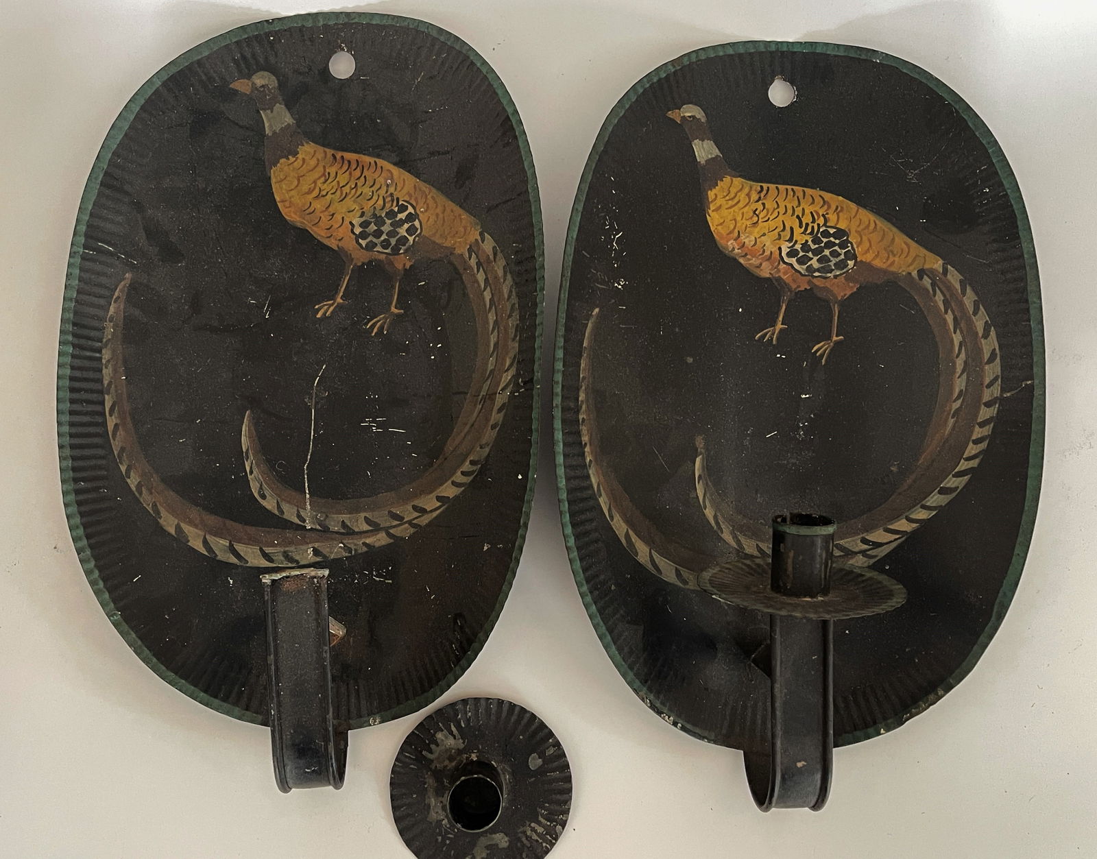 PAIR OF DECORATED TIN SCONCES WITH PHEASANT SCENES, ONE AS IS: PAIR OF DECORATED TIN SCONCES WITH PHEASANT SCENES, ONE AS IS