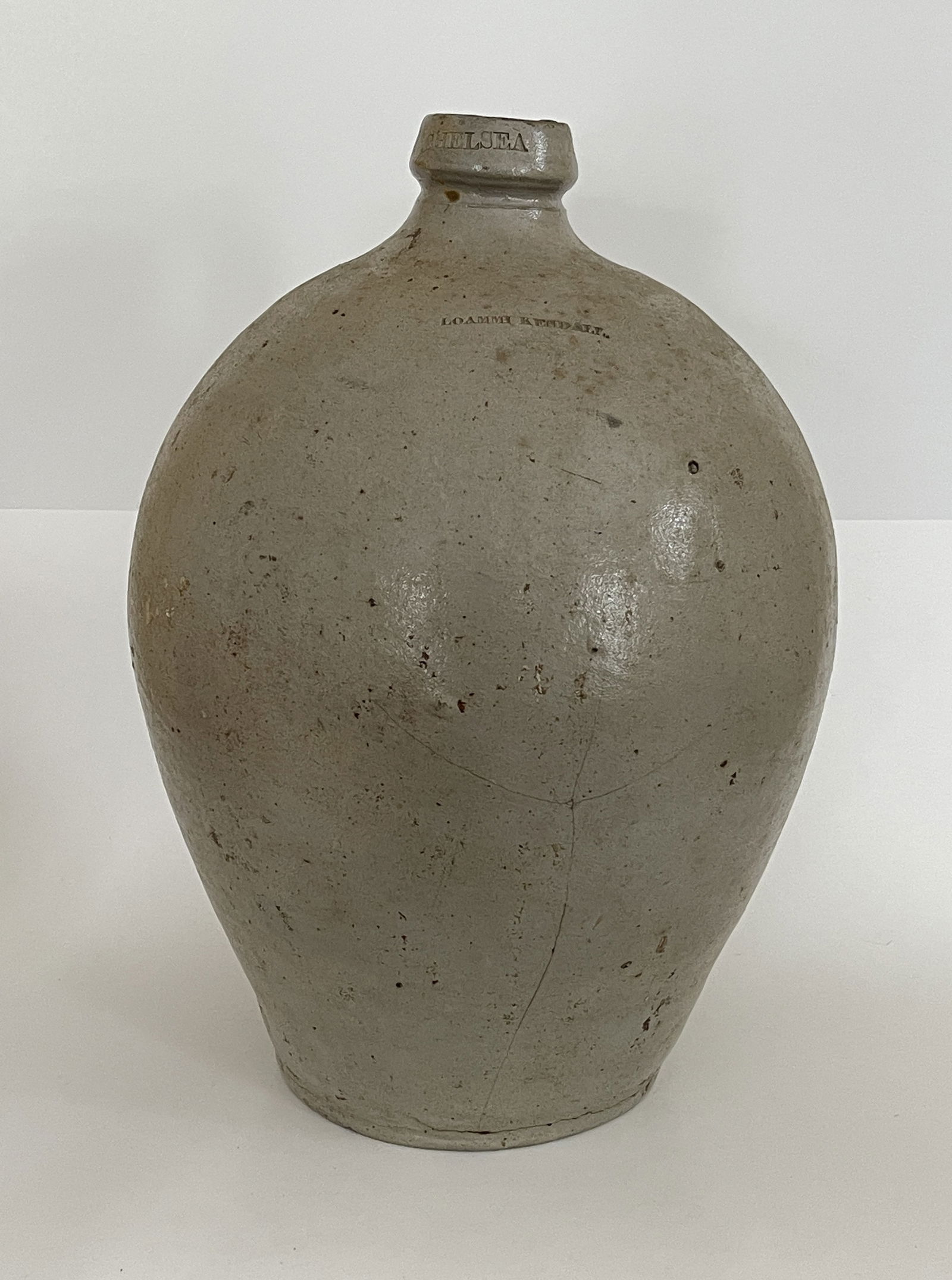 EARLY CHELSEA MA. STONEWARE OVOID JUG: EARLY CHELSEA MA. STONEWARE OVOID JUG SIGNED LOAMMI KENDALL, CHELSEA, FRONT HAS SPIDER