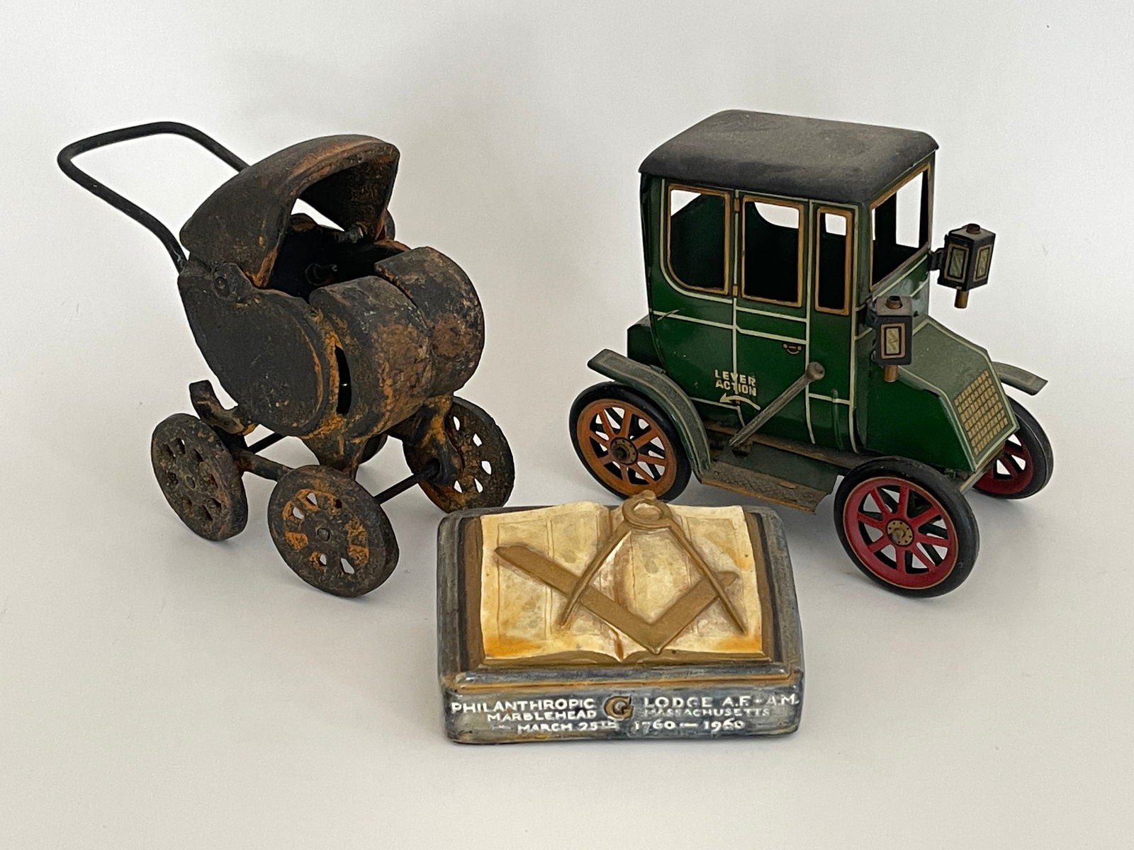 TIN AND IRON TOYS, MASONIC PAPER WEIGHT: TIN AND IRON TOYS, MASONIC PAPER WEIGHT