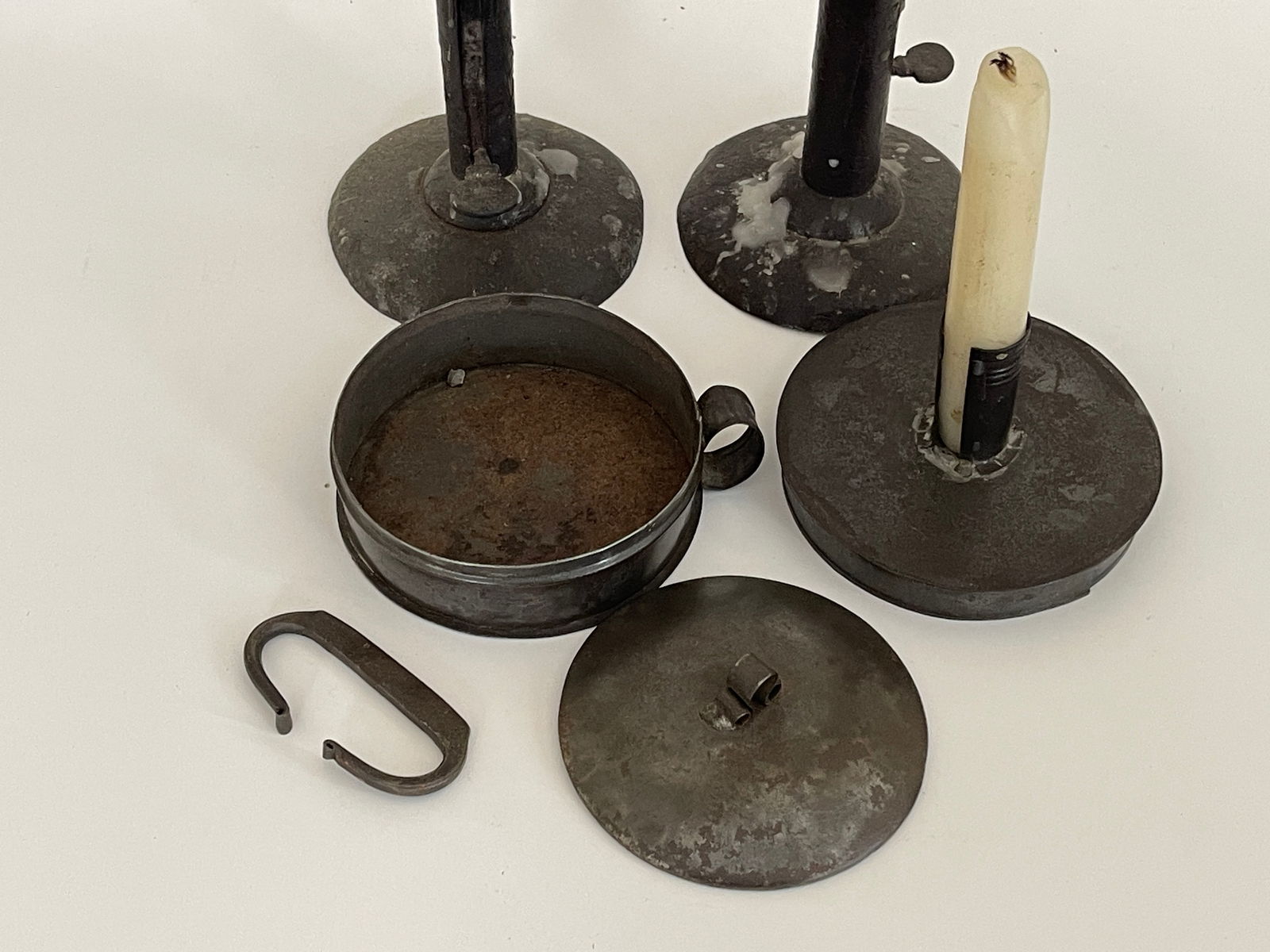 PAIR IRON CANDLESTICKS, FLINT STRIKER CANDLE - 2