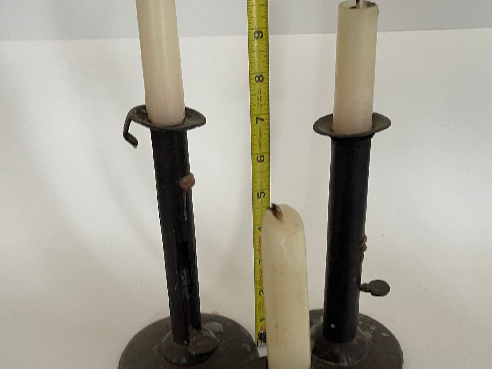 PAIR IRON CANDLESTICKS, FLINT STRIKER CANDLE - 4