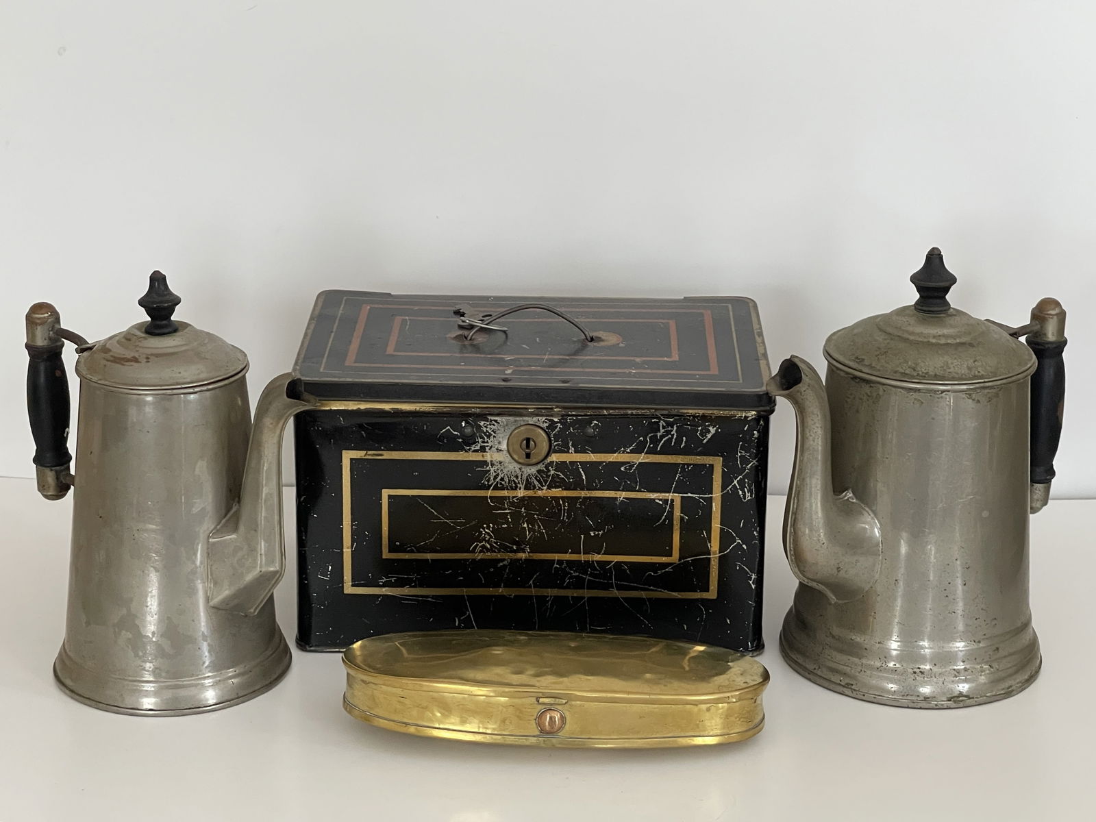 MISC. TIN WITH 18TH C DUTCH BRASS TOBACCO BOX: MISC. TIN WITH 18TH C DUTCH BRASS TOBACCO BOX
