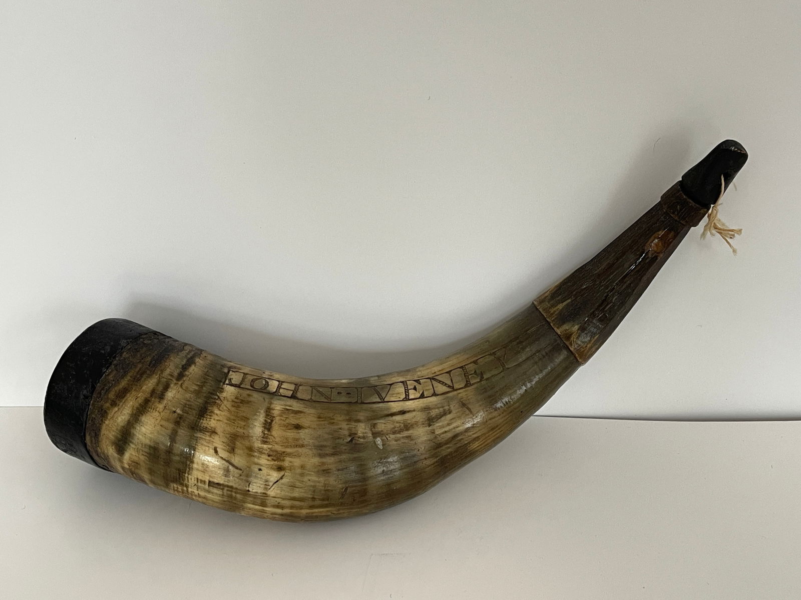 POWDER HORN SIGNED JOHN IVENE WITH CARVED SCHOONER 13": POWDER HORN SIGNED JOHN IVENE WITH CARVED SCHOONER 13"