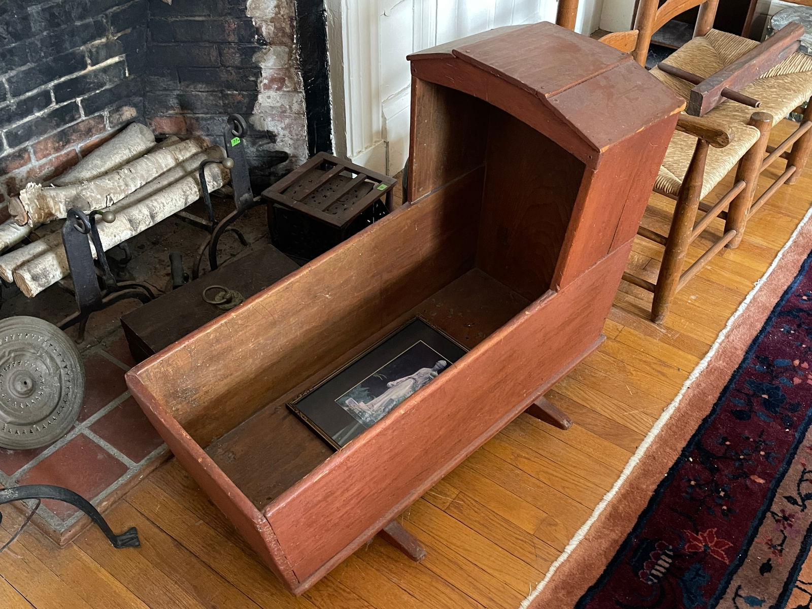 PRIMITIVE RED PAINTED HOODED CRADLE - 2