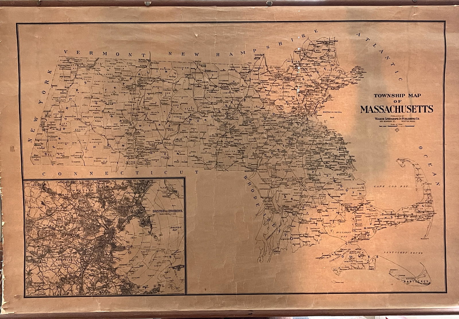EARLY MASSACHUSETTS SCHOOL WALL MAP: EARLY MASSACHUSETTS SCHOOL WALL MAP BY WALKER LITHOGRAPH AND PUBLISHING COMPANY (1900-1930)