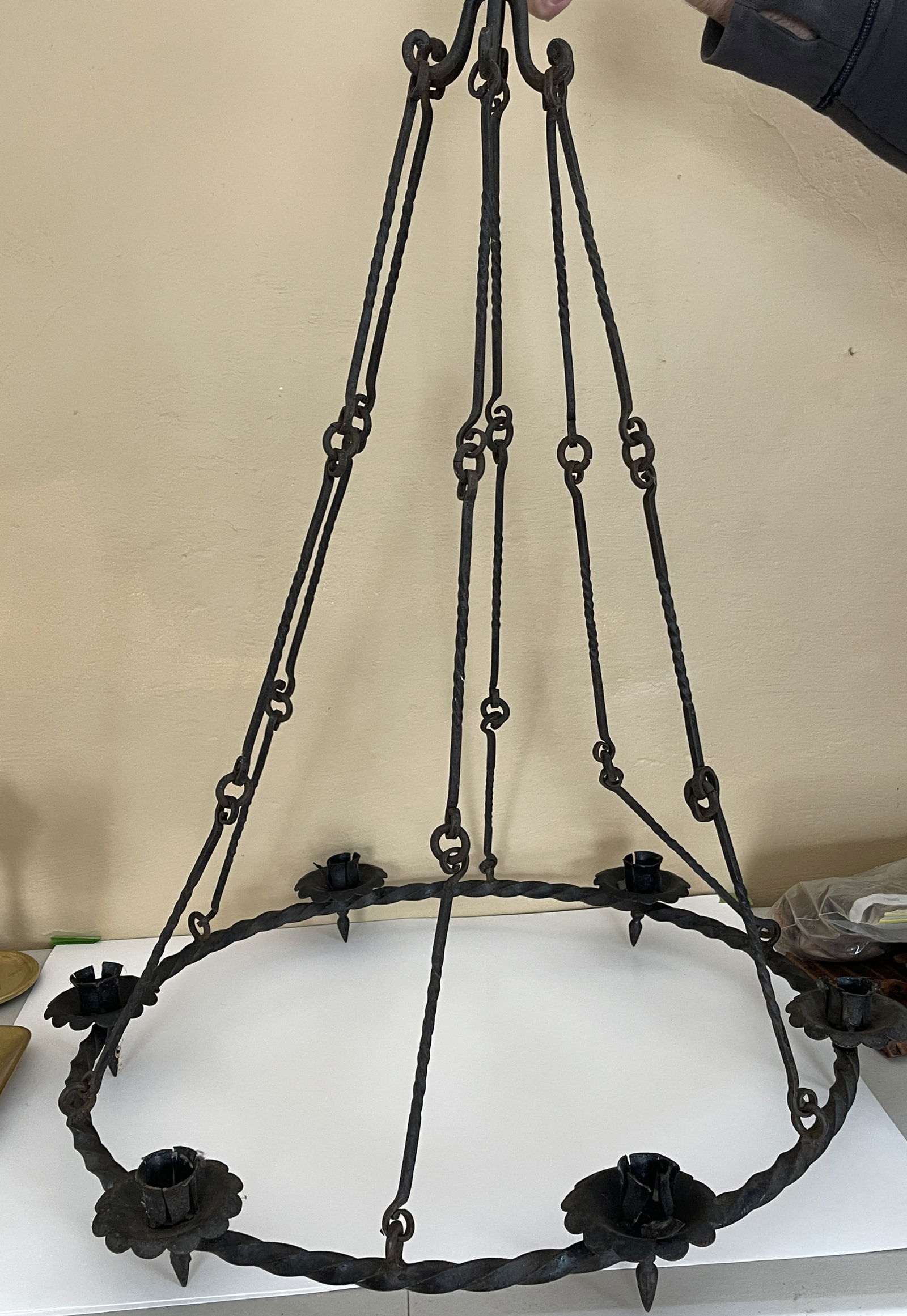 WROUGHT IRON CHANDELIER: WROUGHT IRON CHANDELIER (FRENCH OR SPANISH)