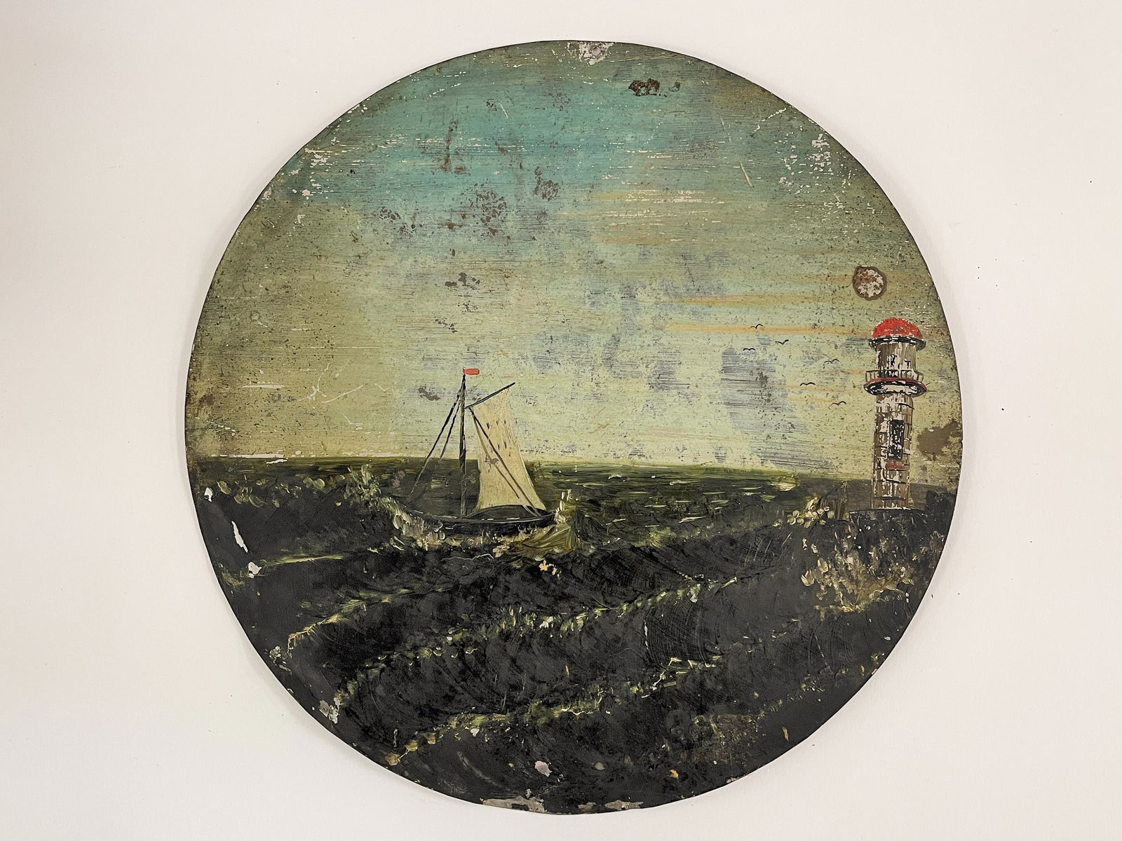 NAUTICAL PAINTING, DOUBLE SIDED: NAUTICAL PAINTING, DOUBLE SIDED Oil on tin, some wear.