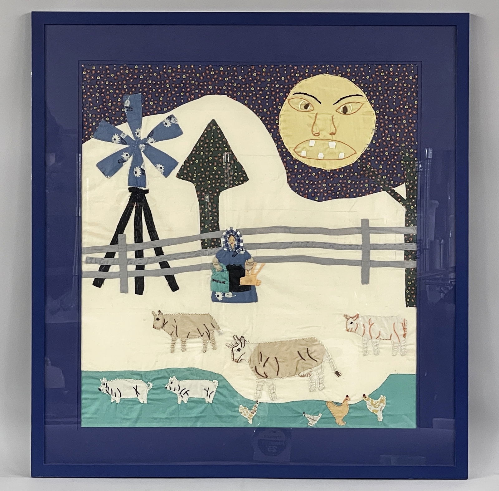 BARNYARD EMBROIDERY: BARNYARD EMBROIDERY Vibrant colors, hand stitched fabrics, C 1900, modern framed, excellent condition.