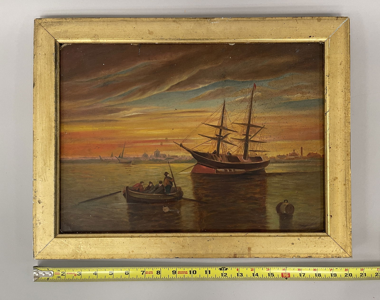 PAINTING, SUNSET HARBOR SCENE: PAINTING, SUNSET HARBOR SCENE Late 19th C, O/AB, excellent condition.