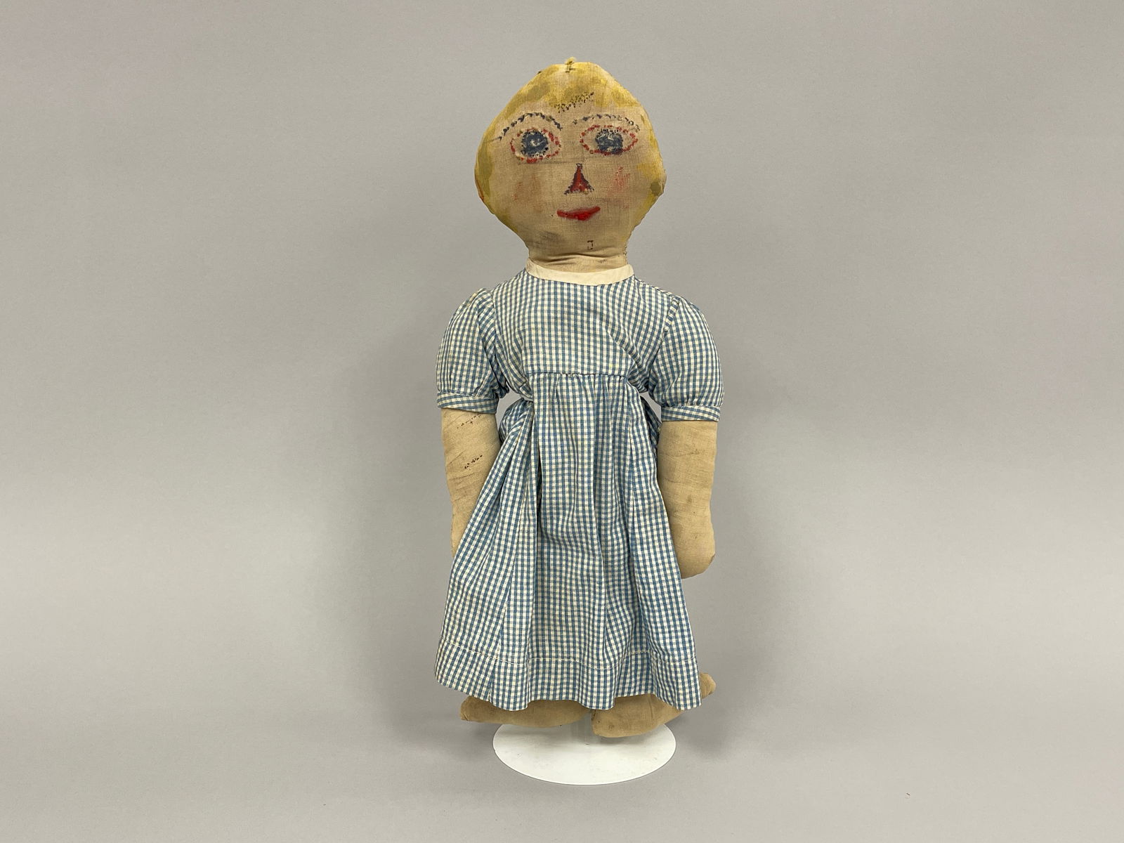 FOLK ART DOLL: FOLK ART DOLL Painted face, fabric stuffed, BLUE DRESS,original clothing, early 20th C.