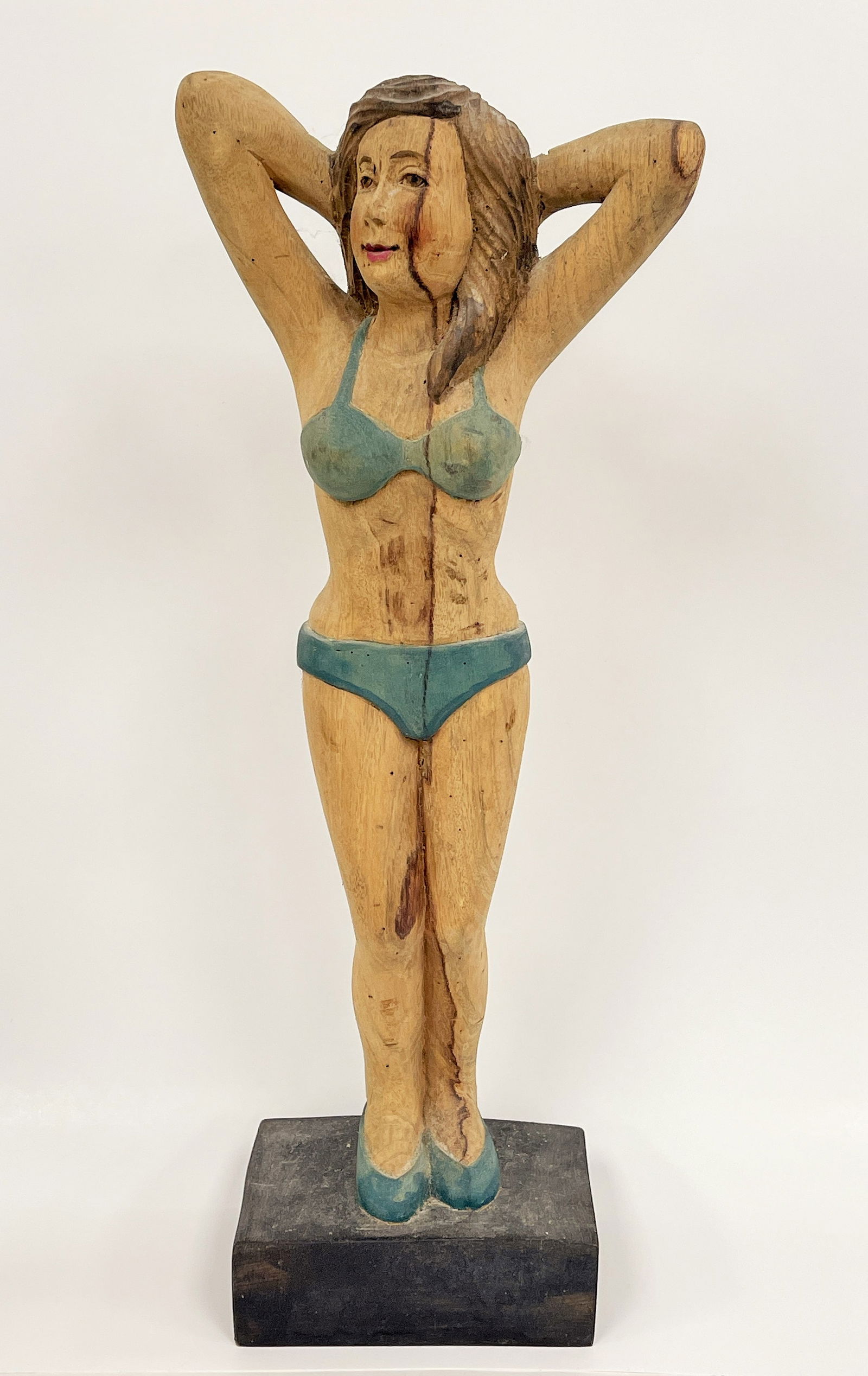 CARVED BIKINI WOMAN: CARVED BIKINI WOMAN Original paint, full body carving, wood, mid 20th C, excellent condition.