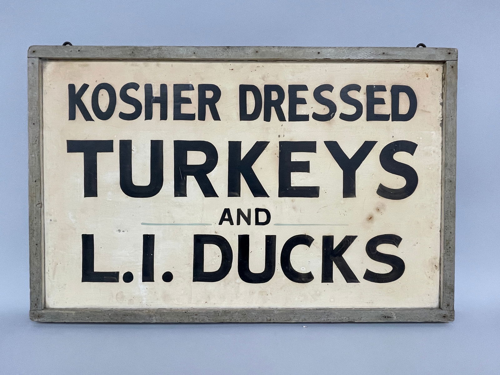 TRADE SIGN, TURKEYS & LI DUCKS: TRADE SIGN, TURKEYS & LI DUCKS Original paint, sheet iron, framed, double sided, early 20th C, excellent condition.