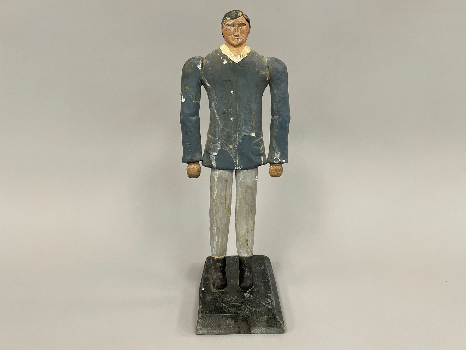 CARVED MAN IN BLUE: CARVED MAN IN BLUE Original paint, full bodied carving, pine, early 20th C, excellent condition.