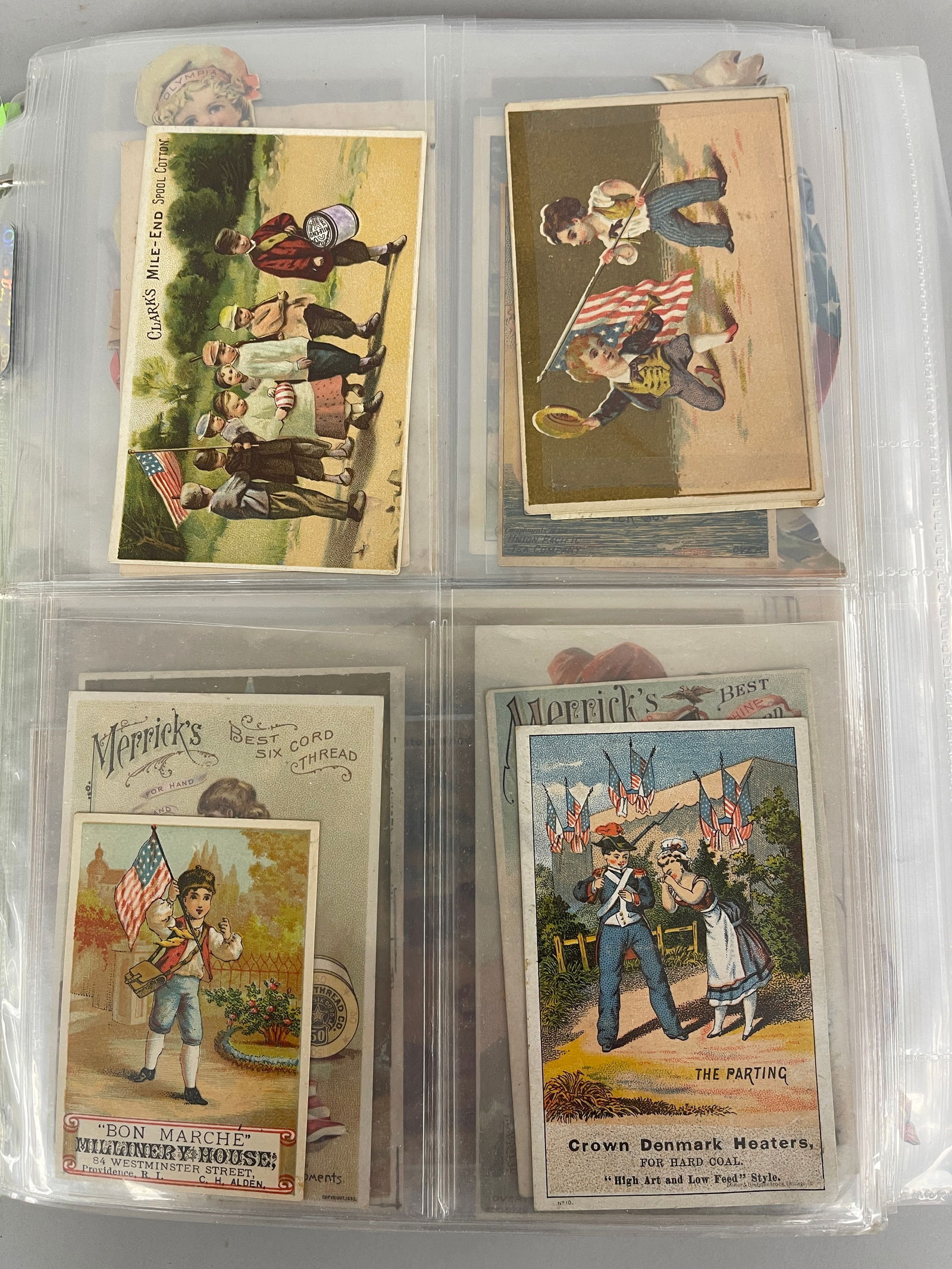 LARGE TRADE CARDS ALBUM: LARGE TRADE CARDS ALBUM Well preserved, APPROXIMATELY 215 plus colorful examples, late 19th C, excellent condition.