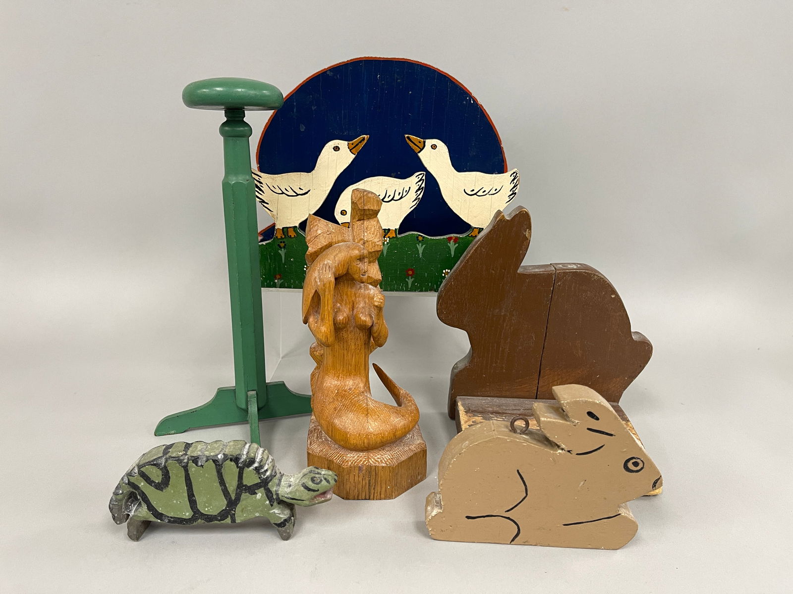 FOLKY CARVINGS GROUP: FOLKY CARVINGS GROUP Original paint, rabbit, hat stand, ducks wall pocket mermaid. Rabbit doorstop, & turtle, wood, early 20th C, excellent condition.