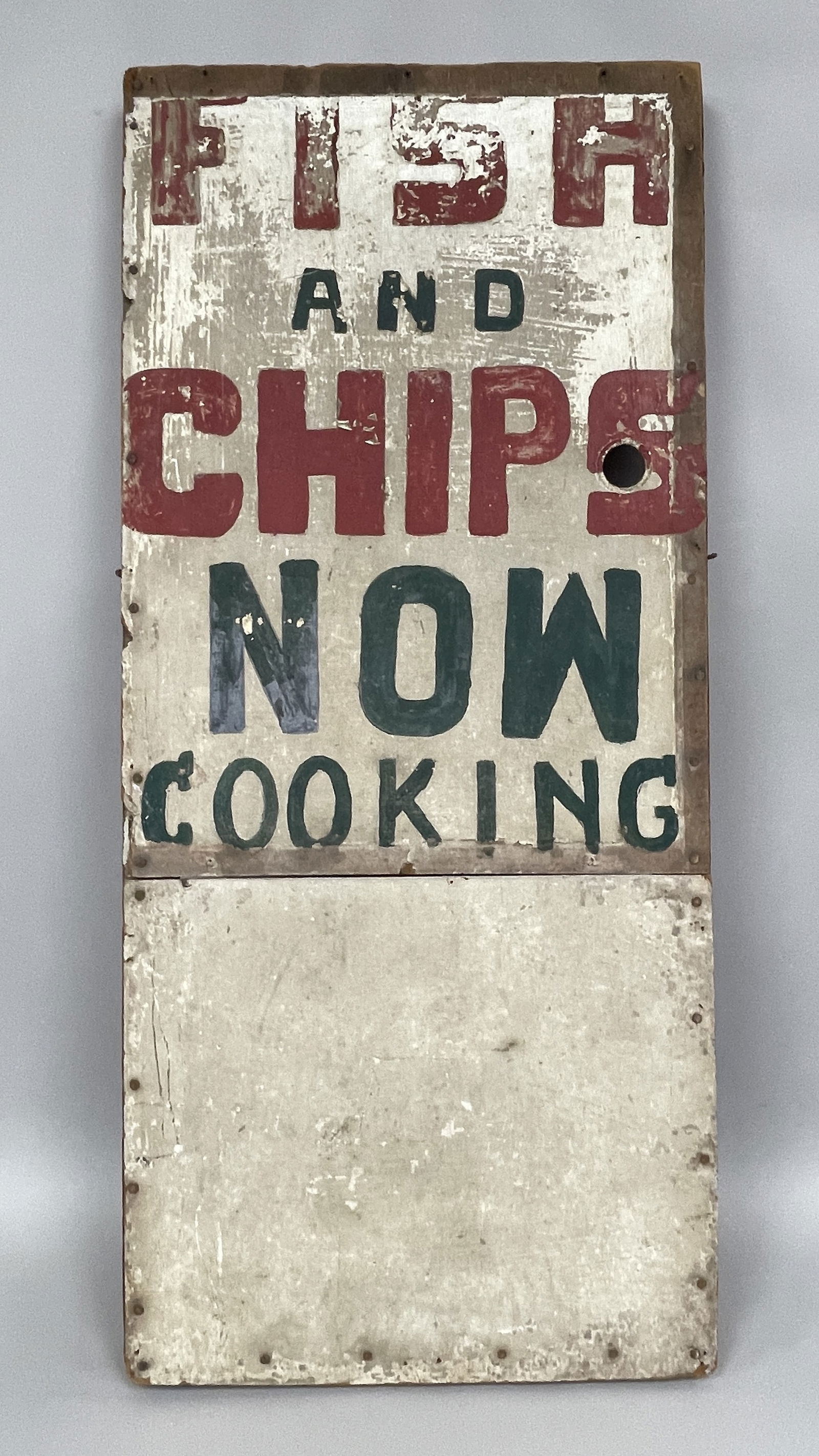 SIGN, FISH & CHIPS: SIGN, FISH & CHIPS Original paint, C 1920’s, masonite, expected wear, good condition.
