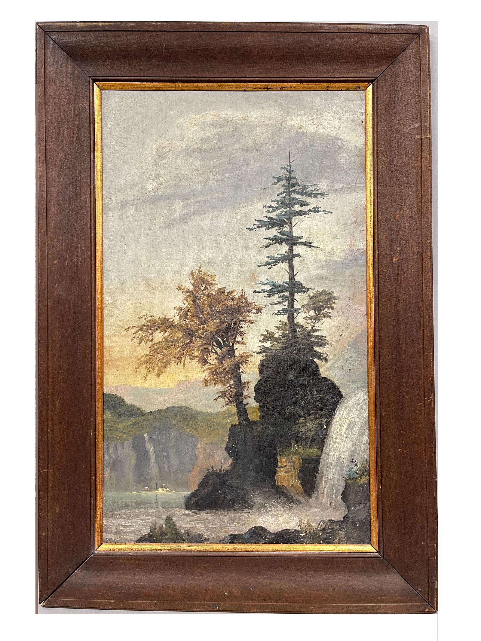 PAINTING, LAKE SCENE W/ PADDLEWHEELER: PAINTING, LAKE SCENE W/ PADDLEWHEELER O/C, 19th C, excellent condition.