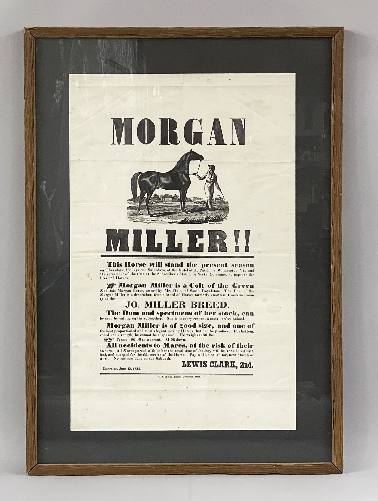 BROADSIDE, MORGAN MILLER: BROADSIDE, MORGAN MILLER Dated 1854, modern framed, excellent condition.