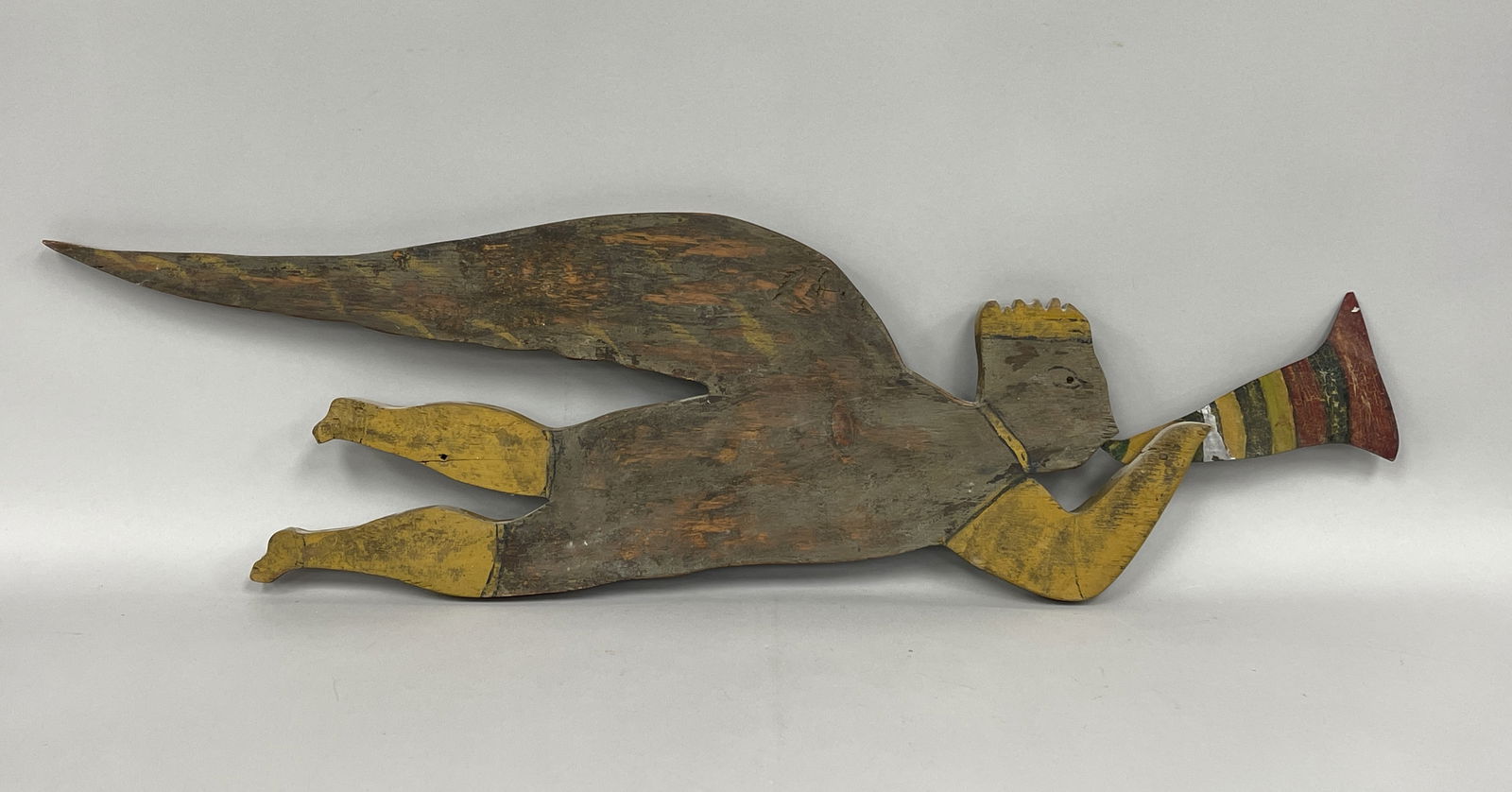 GABRIEL BLOWING HORN VANE: GABRIEL BLOWING HORN VANE Original paint, pine with tin horn, late 19th C, excellent condition.