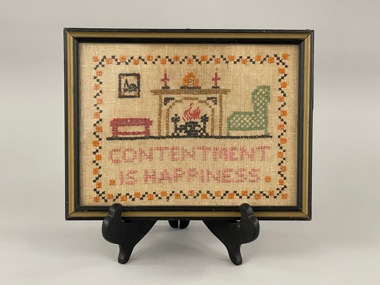 SAMPLER; CONTENTMENT IS HAPPINESS: SAMPLER; CONTENTMENT IS HAPPINESS Early 20th C, modern framed, excellent condition.