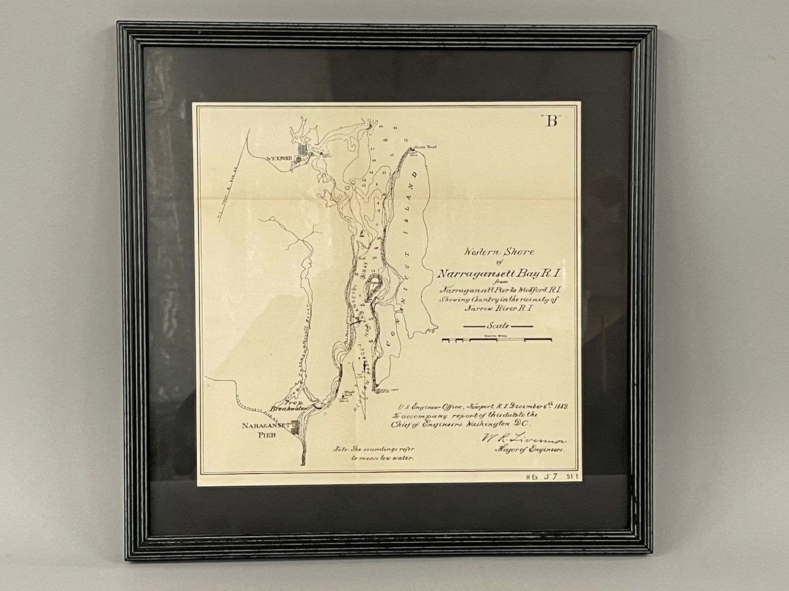 MAP, NARRAGANSETT BAY, RI: MAP, NARRAGANSETT BAY, RI Dated 1869, ink on paper, fold shadows, toning, modern framed, overall excellent condition.