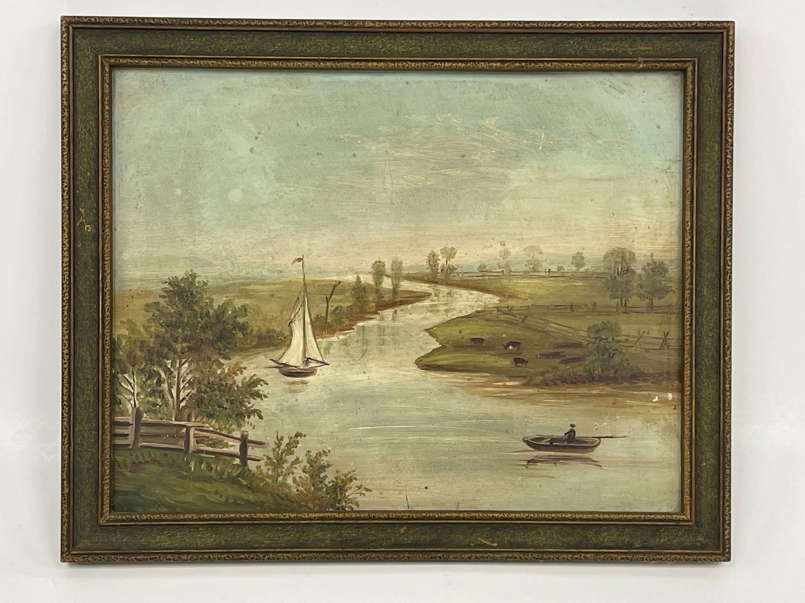PAINTING, RIVER SCENE W/ SAILBOAT & ROWBOAT: PAINTING, RIVER SCENE W/ SAILBOAT & ROWBOAT O/AB, C 1900, excellent condition.