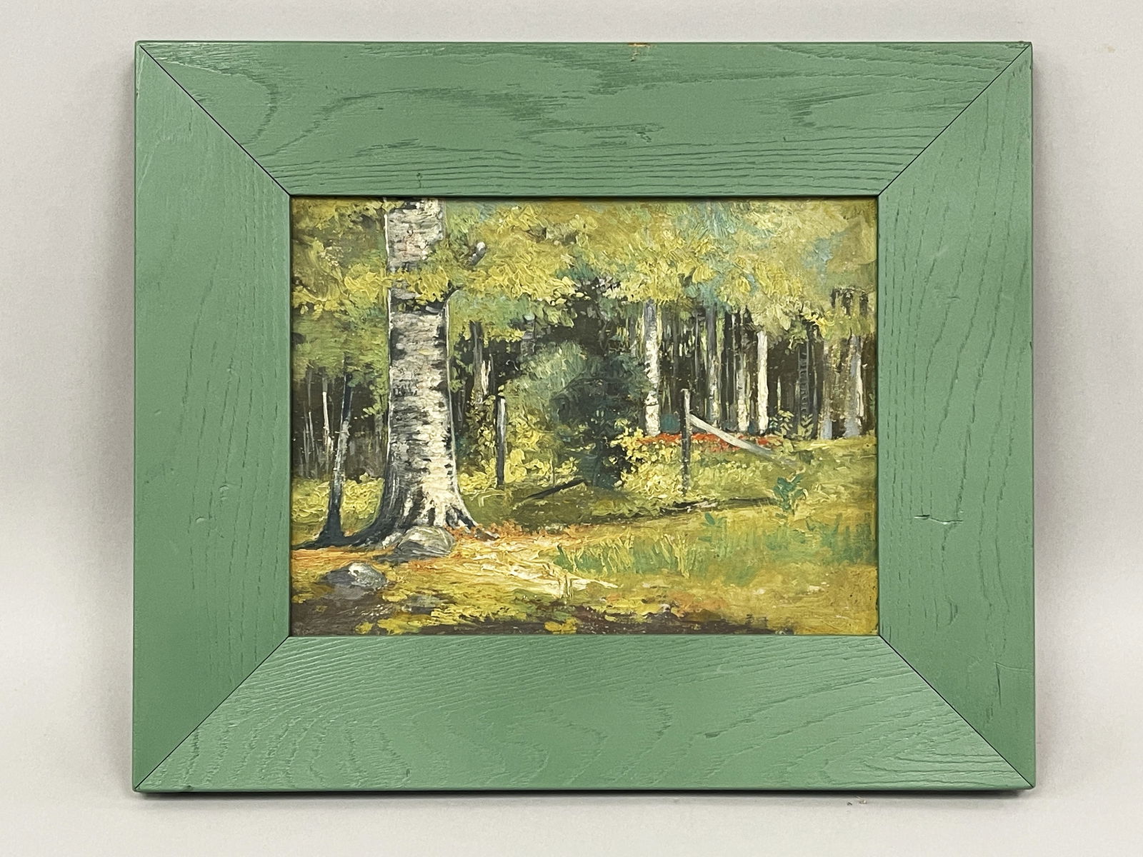 PAINTING, BIRCH TREES FOREST: PAINTING, BIRCH TREES FOREST O/AB, C 1900, modern framed, excellent condition.