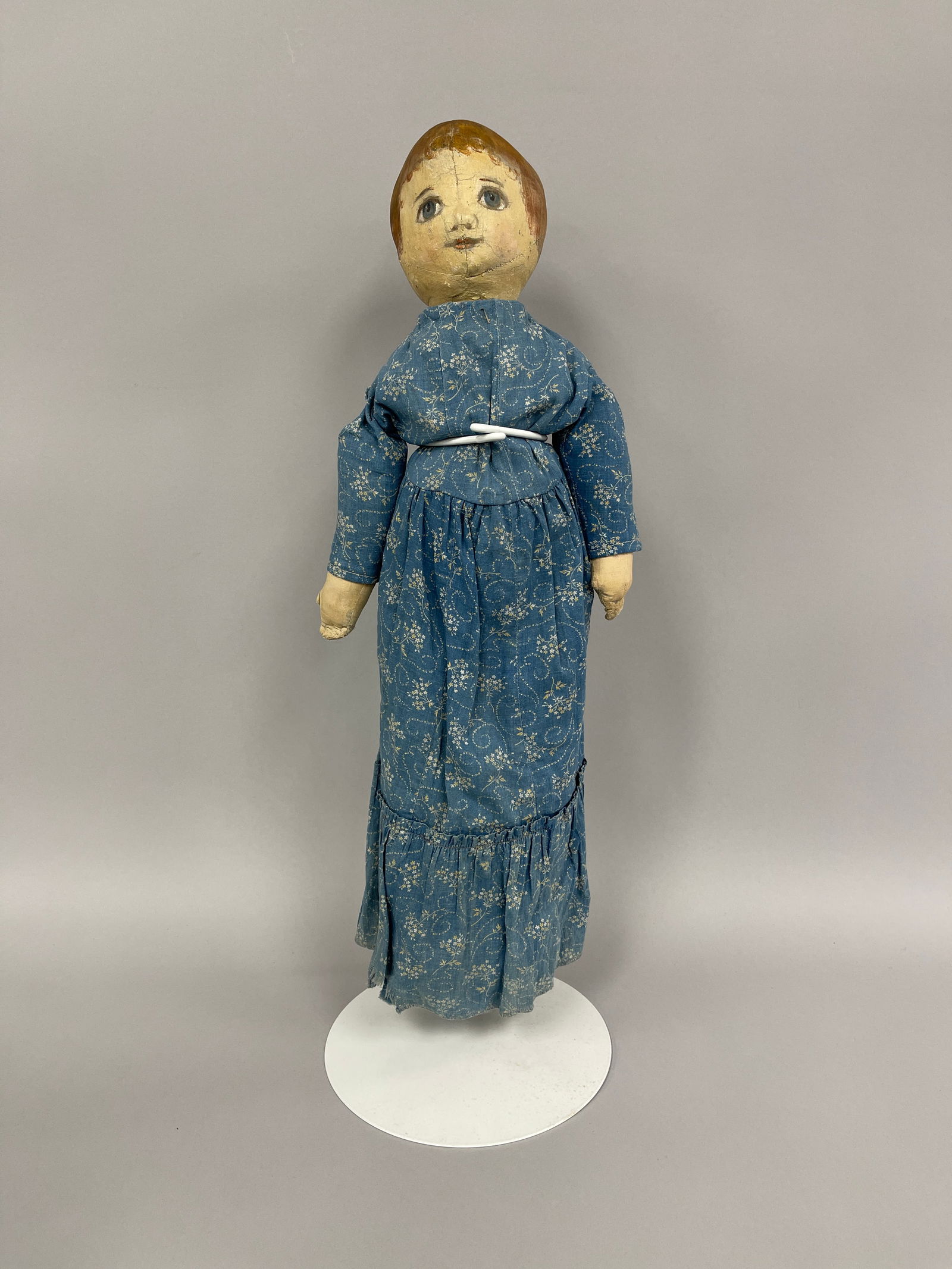 GIRL DOLL: GIRL DOLL Fabric stuffed, painted face, blue dress, late 19th – early 20th C, excellent condition.