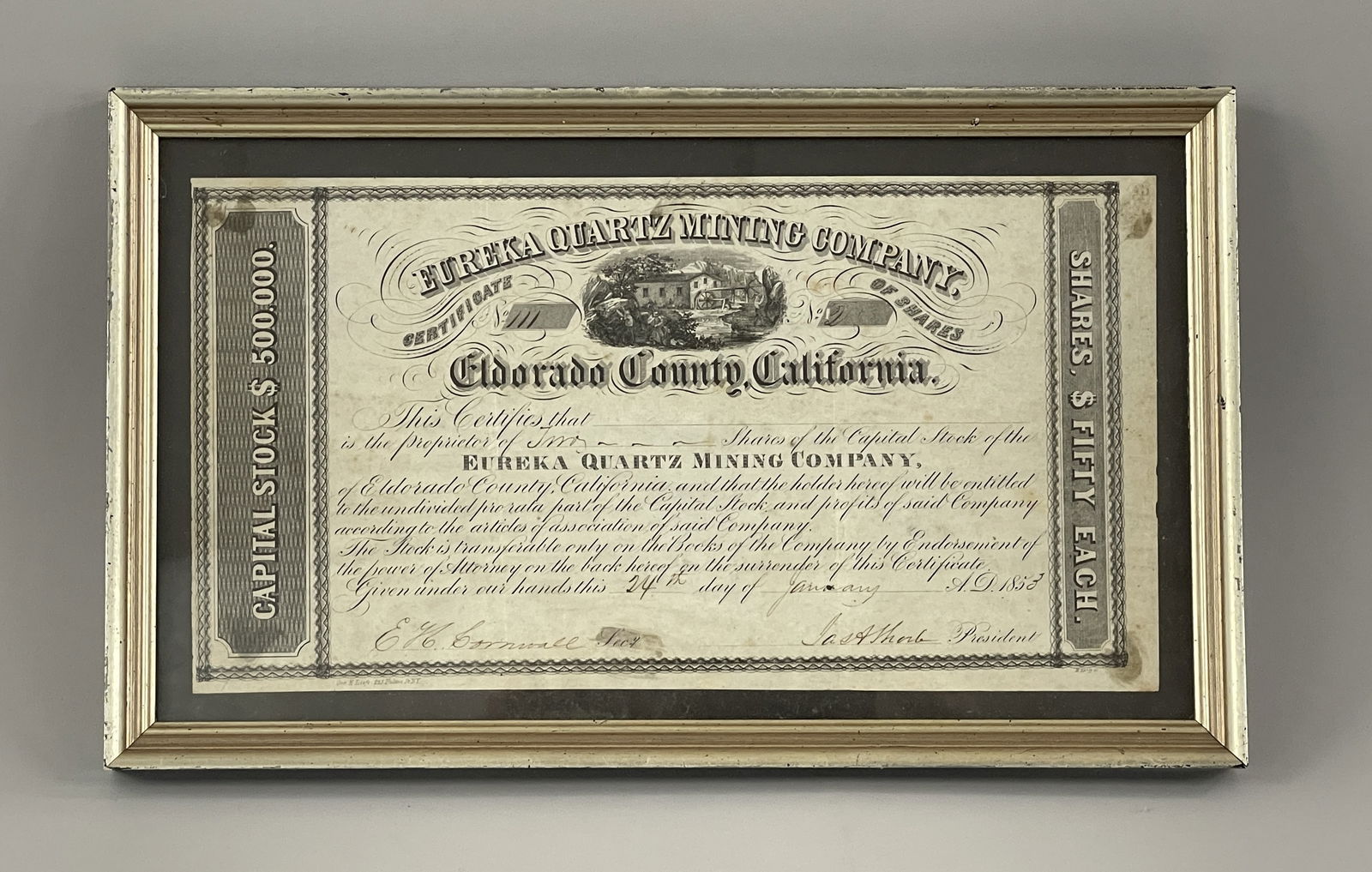 1853 STOCK CERTIFICATE: 1853 STOCK CERTIFICATE Fine graphics, modern framed, foxing, excellent overall.