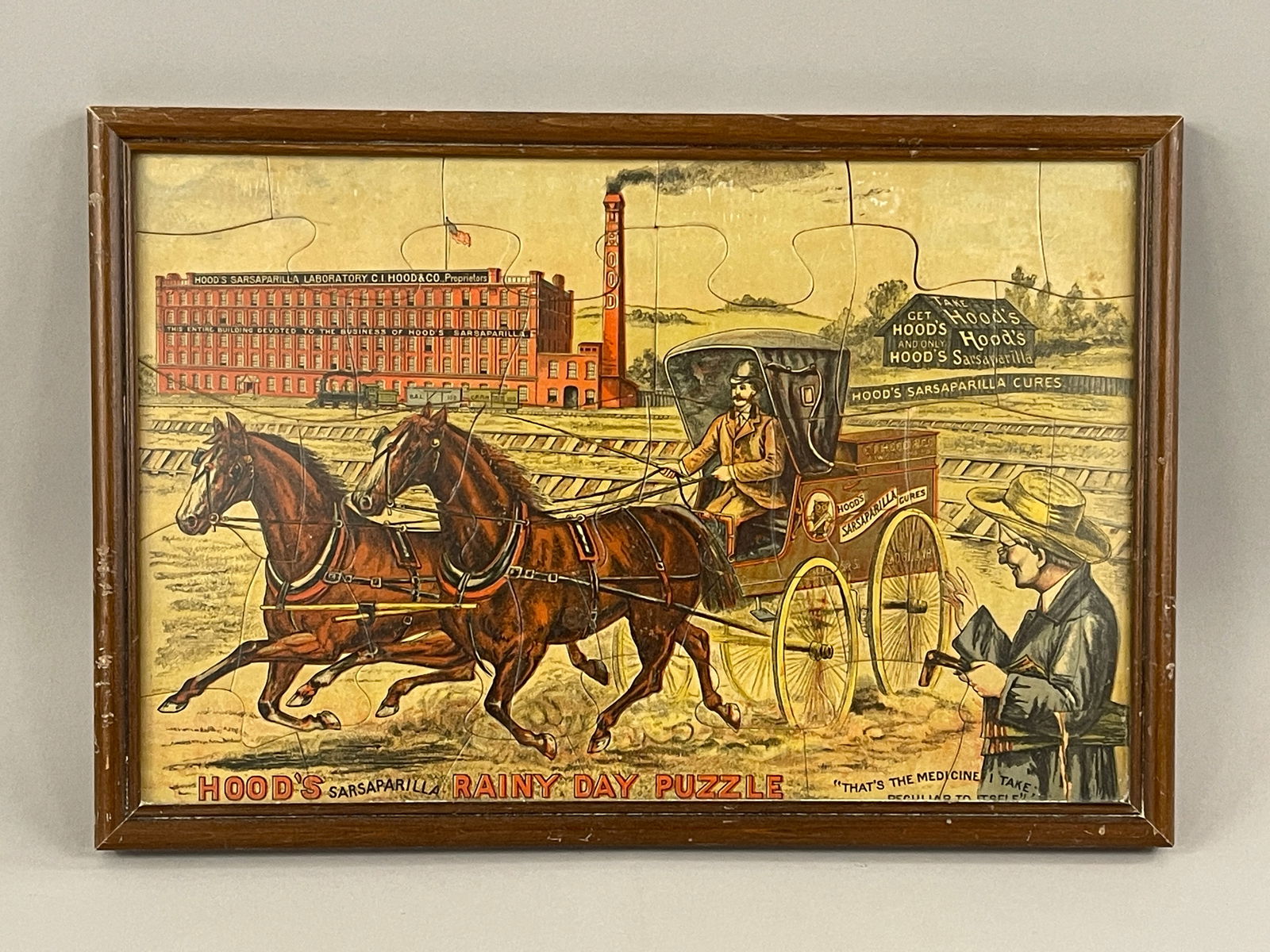 HOOD’S RAINY DAY PUZZLE, FRAMED: HOOD’S RAINY DAY PUZZLE, FRAMED Colorful, great graphics, late 19th C, excellent condition.