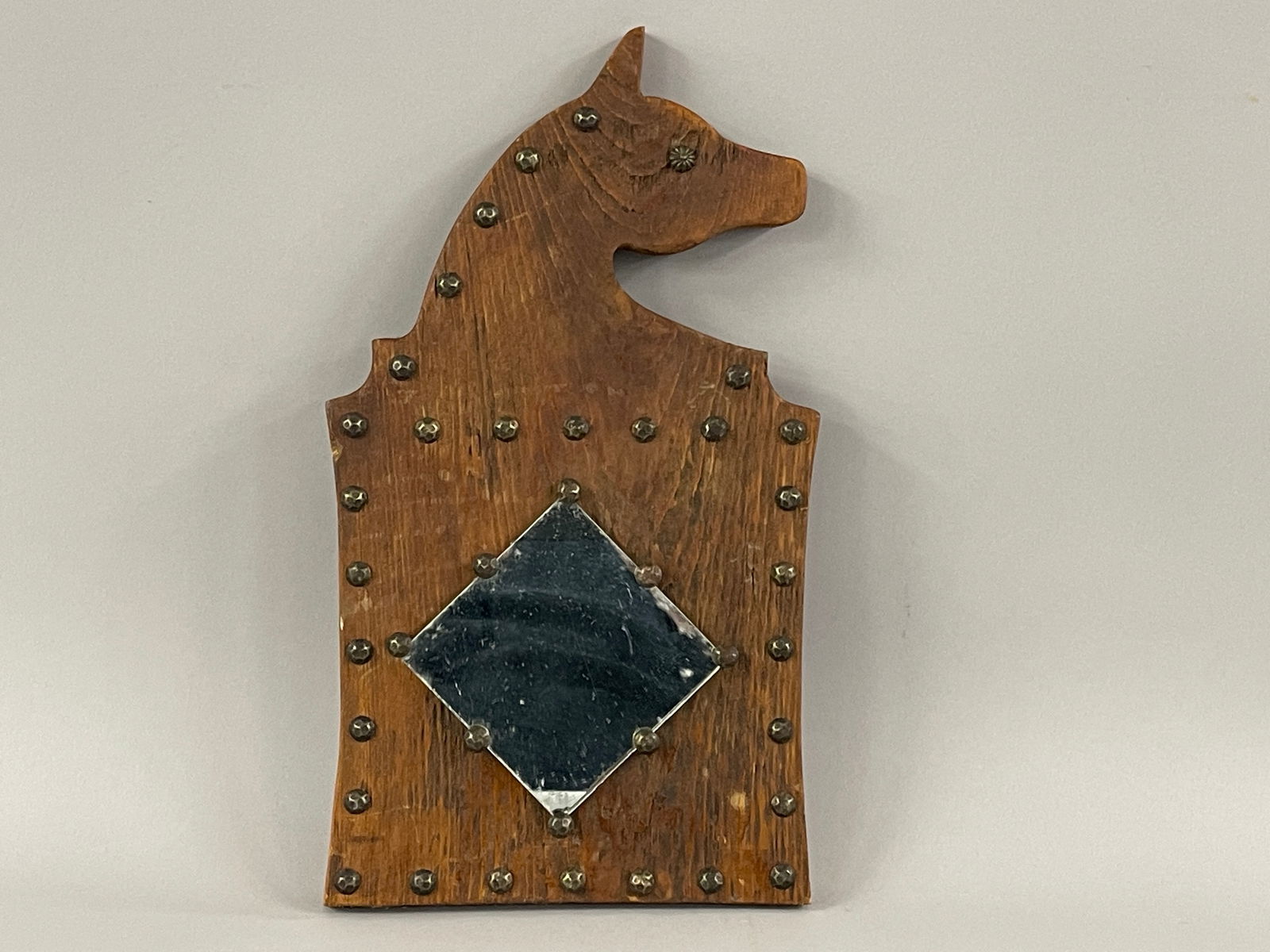 HORSE HEAD MIRROR: HORSE HEAD MIRROR Signed & dated 1934, original surfaces, pine, brass tacks & glass, excellent condition.