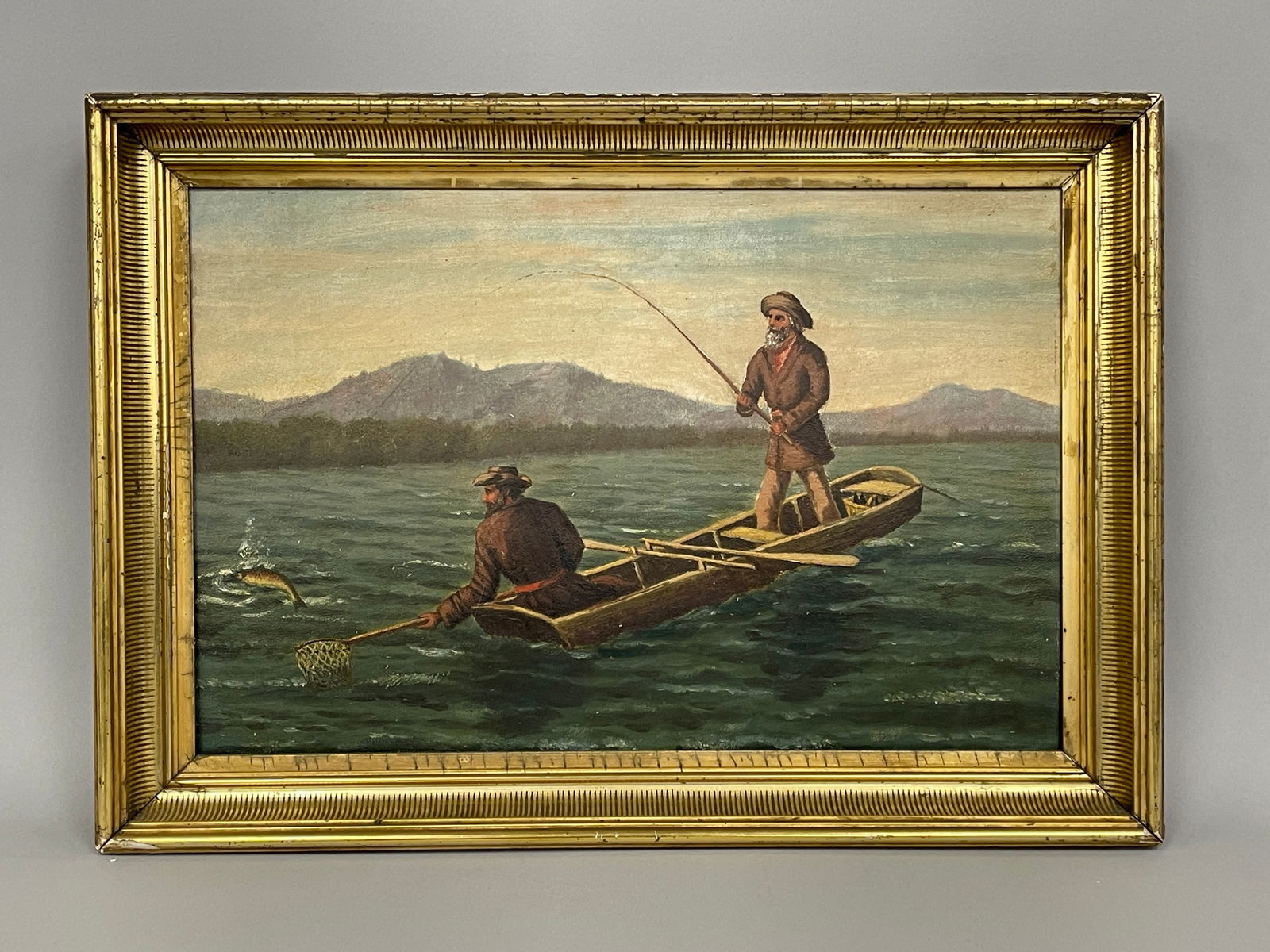 PAINTING, FISHERMEN IN ROWBOAT: PAINTING, FISHERMEN IN ROWBOAT Oil on pine panel, late 19th C, excellent condition.