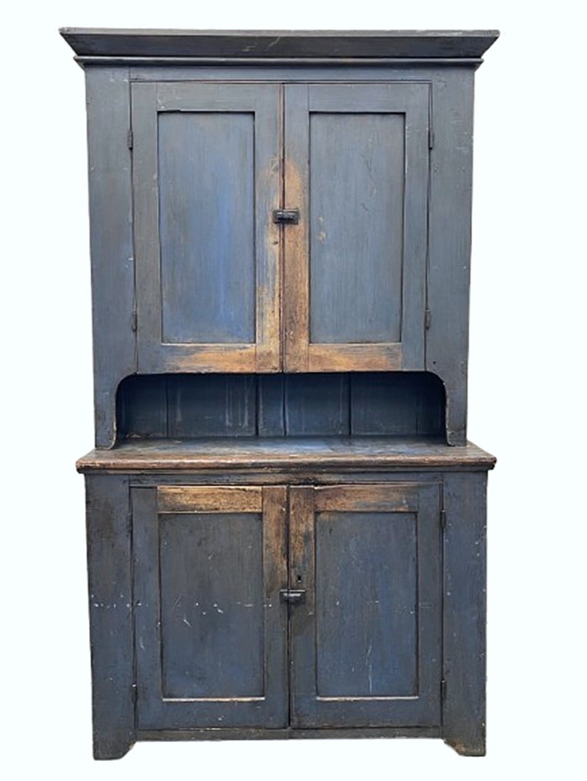 EARLY 19TH C BLUE PAINTED STEPBACK CUPBOARD (1 of 8)