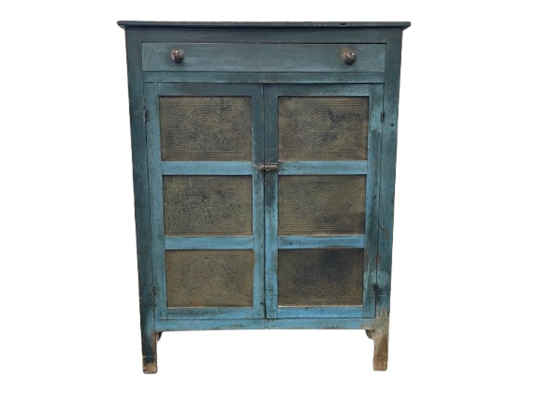 EARLY BLUE PAINTED PIERCED TIN PIE SAFE (1 of 9)