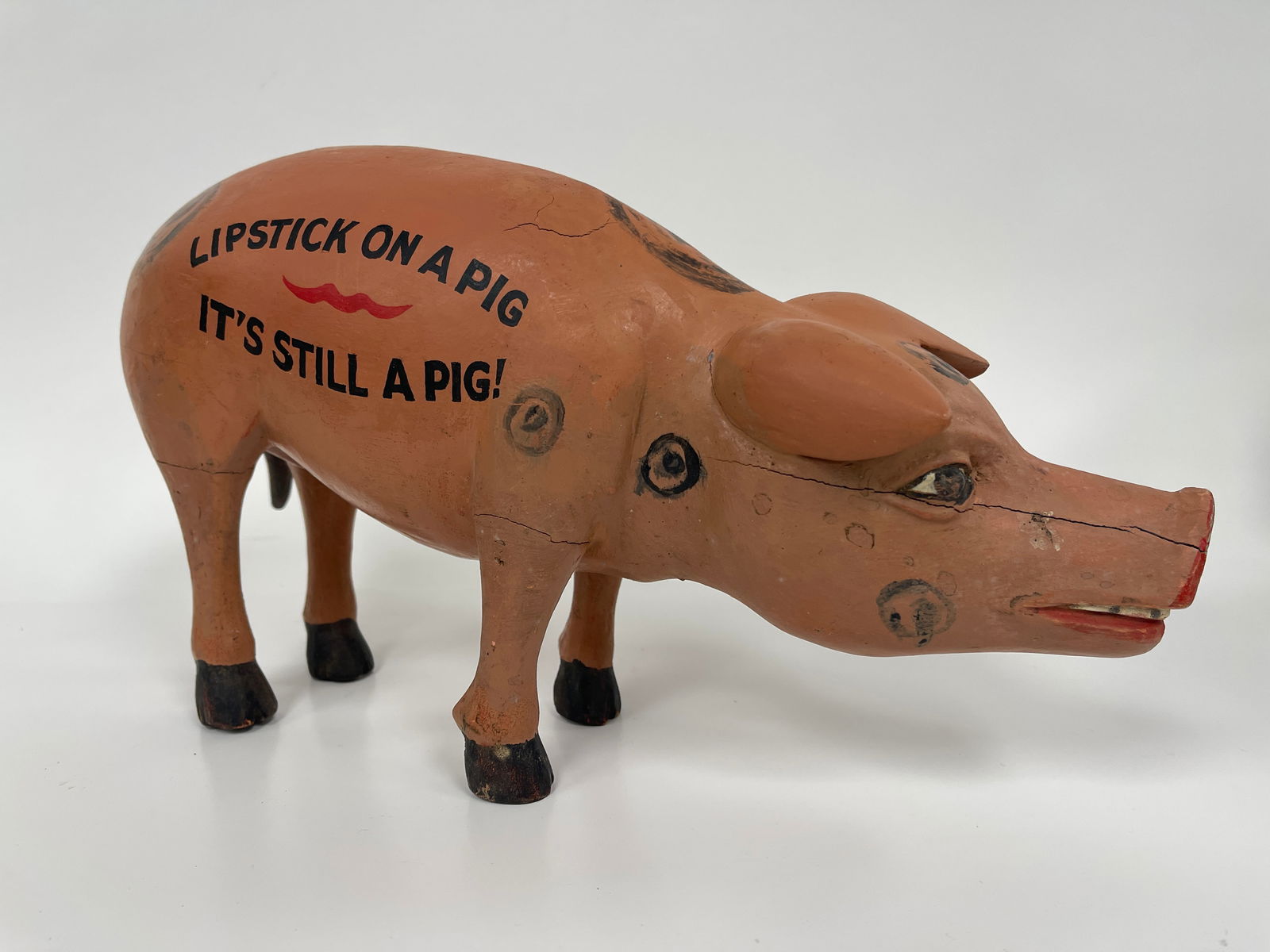 FOLK ART CARVED WOODEN PIG WITH MOTTO (1 of 4)