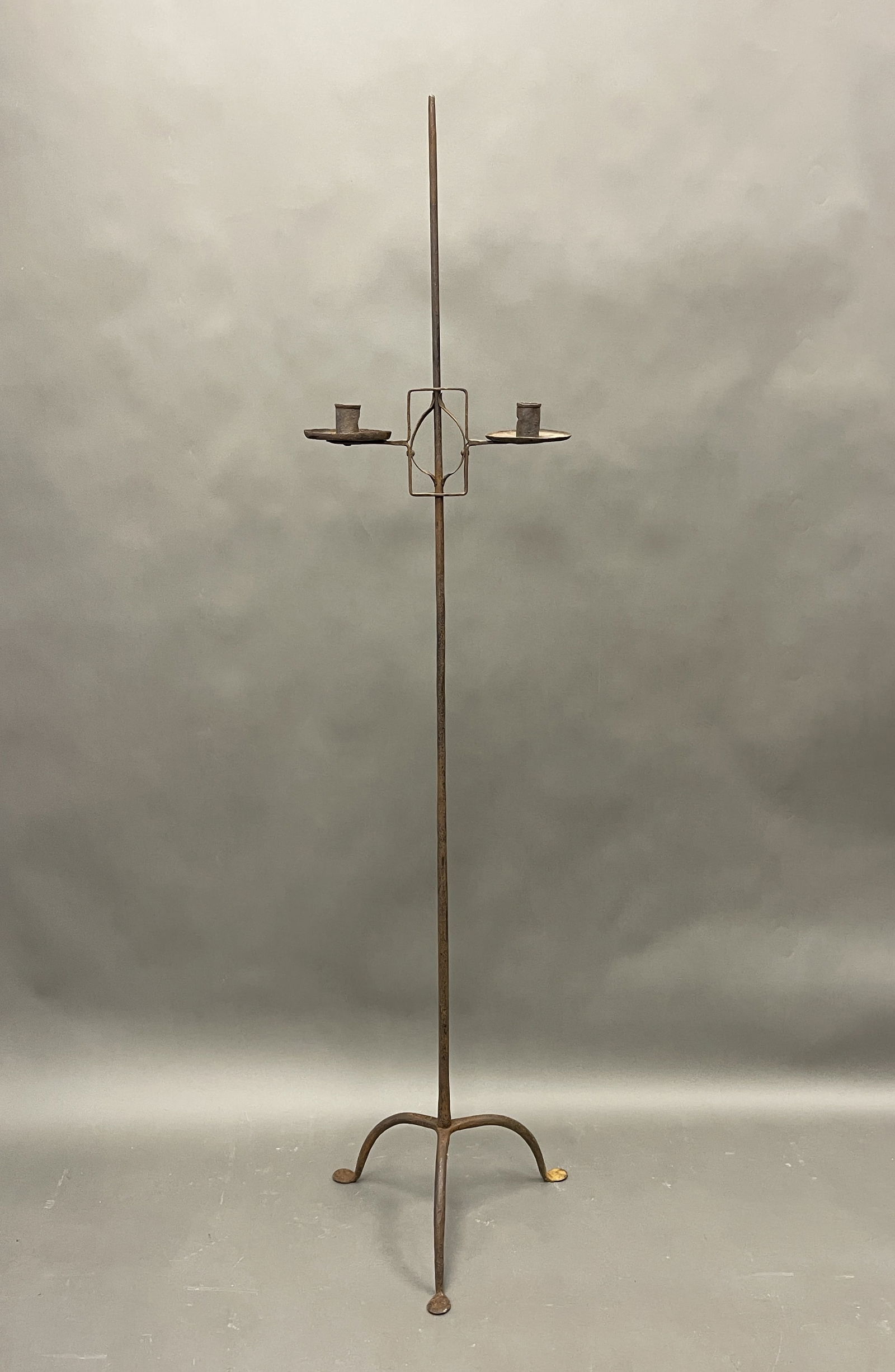 18TH C WROUGHT IRON TWO CAND LIGHTING STANDARD (1 of 3)