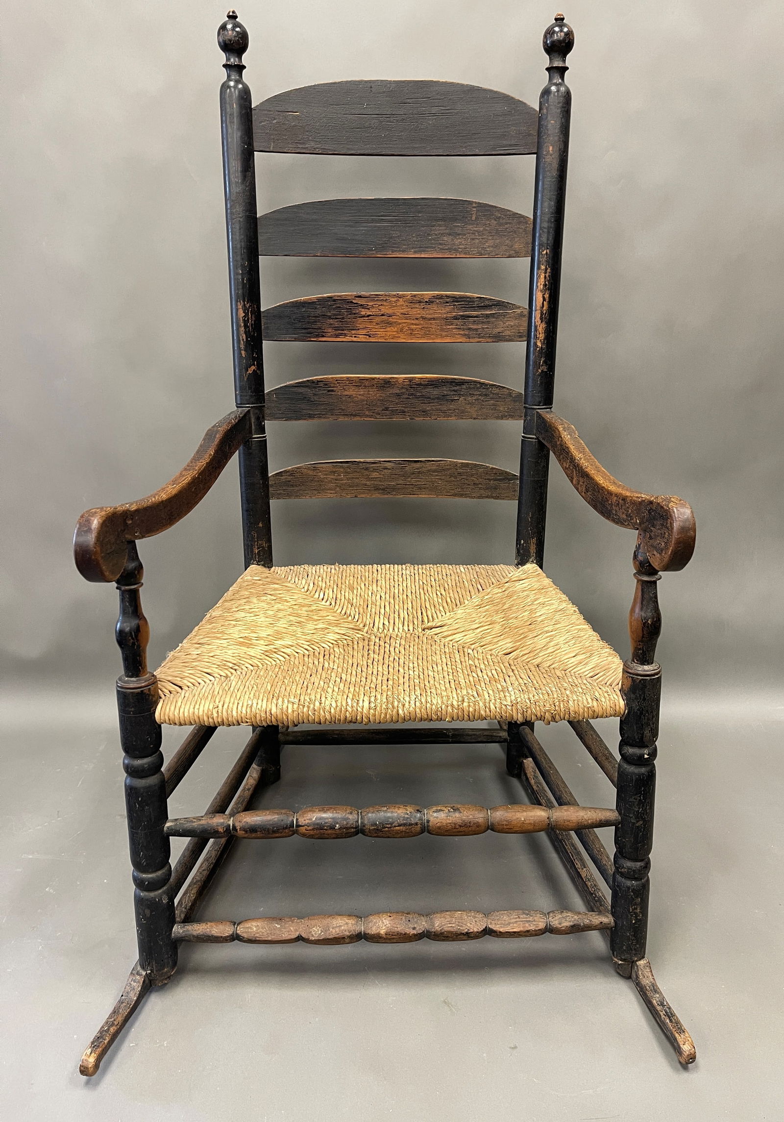 RARE 18TH C LONG ISLAND LADDERBACK ARMCHAIR IN BLACK PAINT 19TH C ADDED ROCKERS (1 of 6)