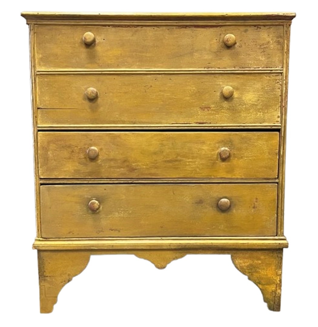 EARLY WILLIAM AND MARY TWO DRAWER BLANKET CHEST: EARLY WILLIAM AND MARY QUEEN ANNE TWO DRAWER BLANKET CHEST ON RAISED SCROLLED BASE NEW ENGLAND C. 1720-1740 REAINS ORIGINAL DOUBLE ARCH MOLDING. SURFACE HAS 19TH CENTURY MUSTARD YELLOW PAINT OVER