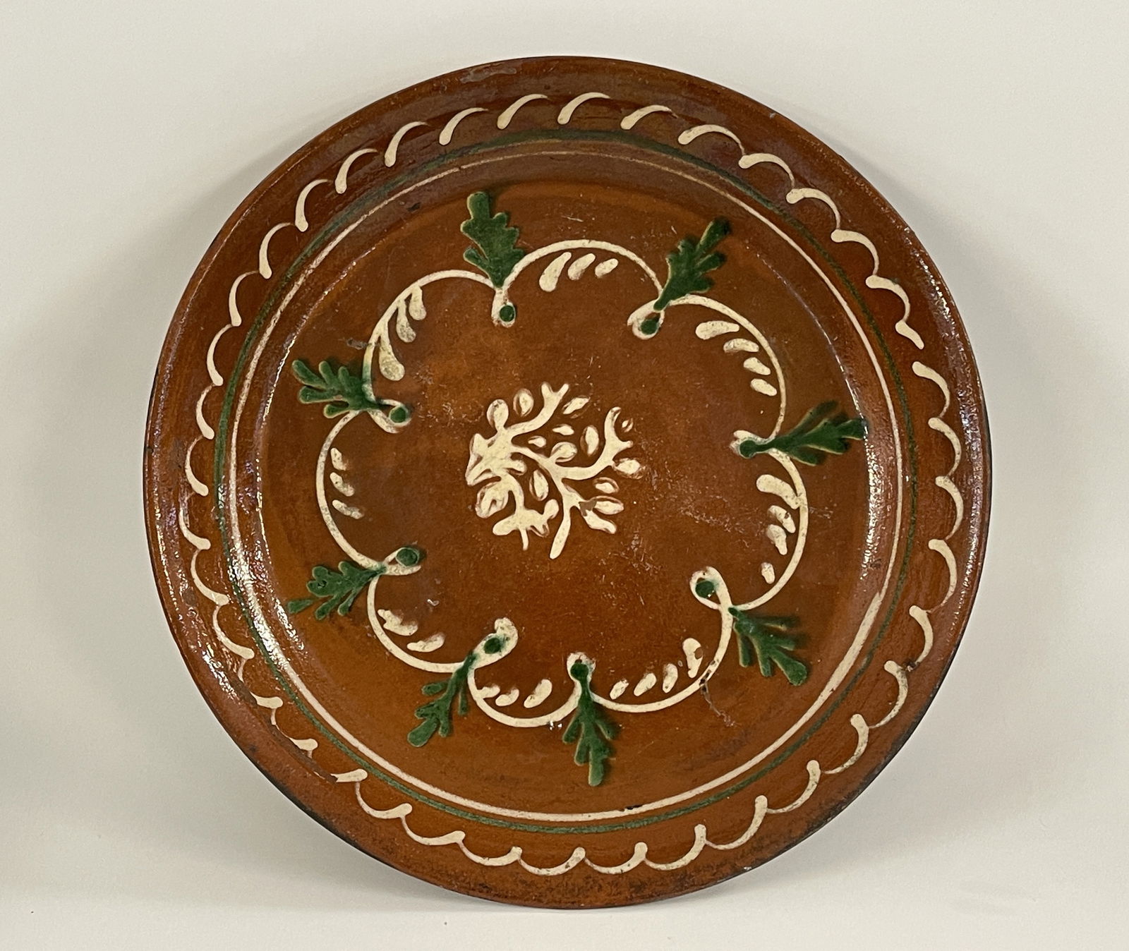 LARGE GLAZED REDWARE DEEP DISH WITH SLIP DECORATION (1 of 4)