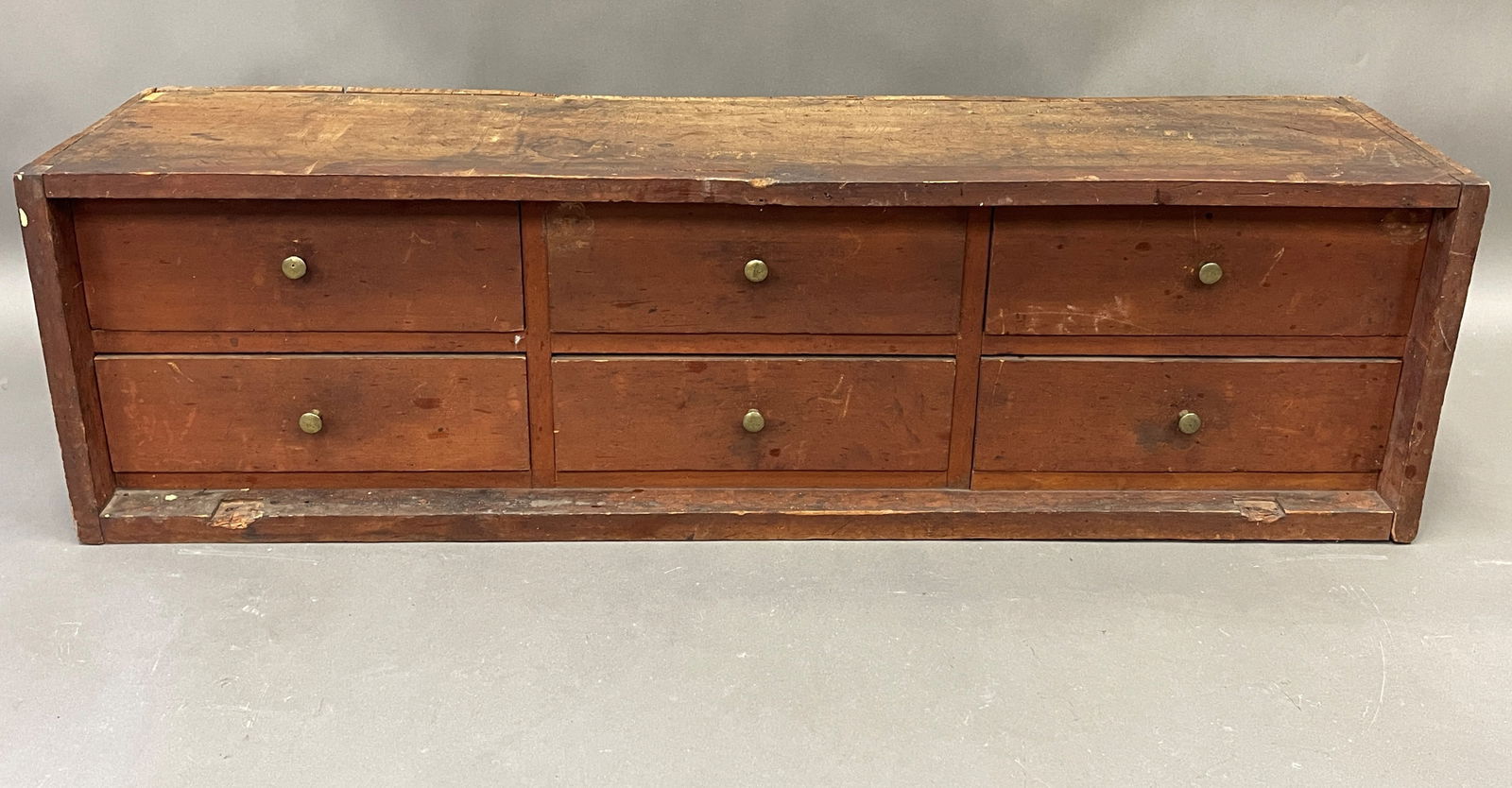 19TH C SHAKER 6 DR TABLE TOP ADD ON DRAWERS IN ORIGINAL RED PAINT CHERRY CT , C 1840: 19TH C SHAKER 6 DR TABLE TOP ADD ON DRAWERS IN ORIGINAL RED PAINT CHERRY CT , C 1840